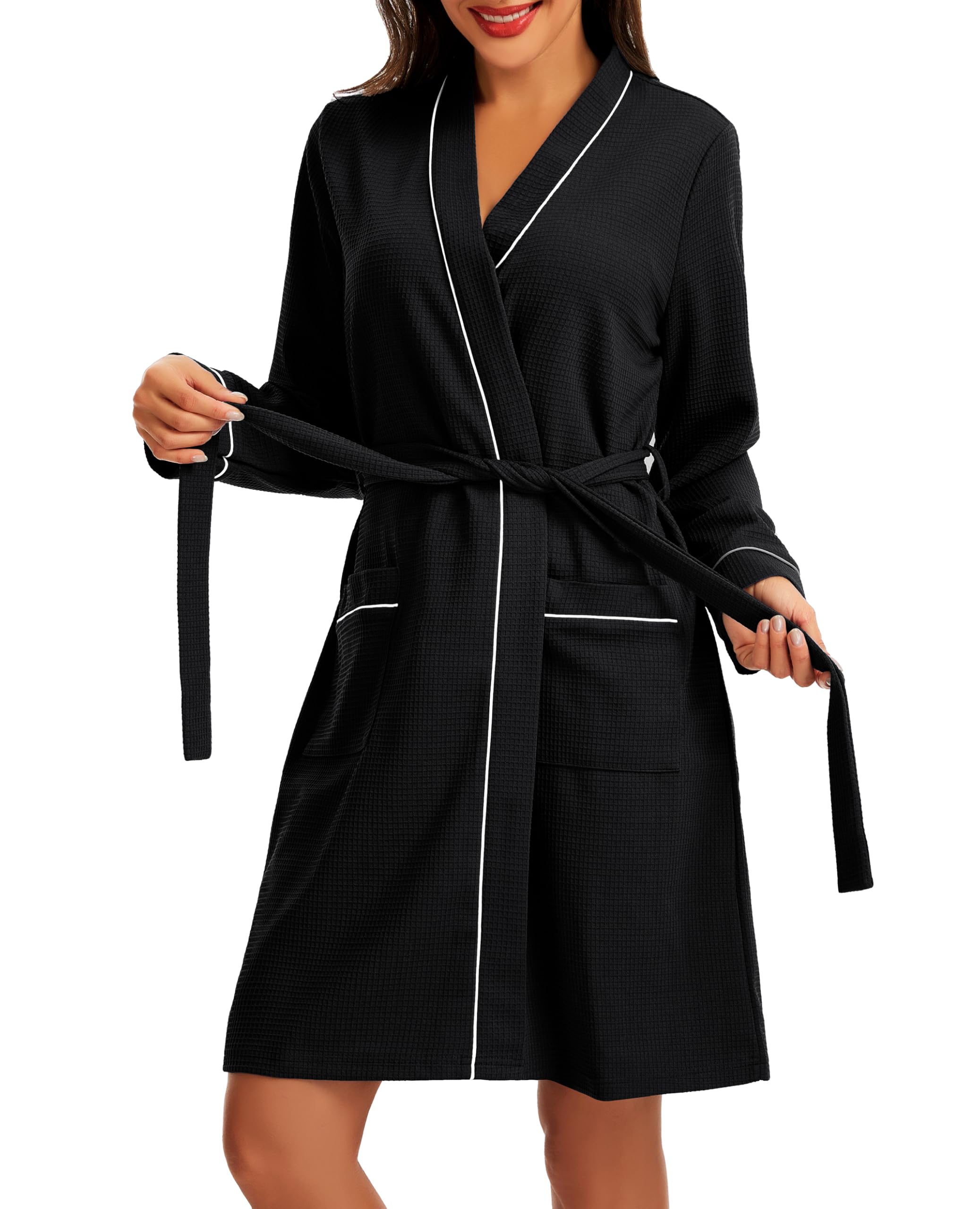 Lovasy Bademantel Waffelpique Damen Langarm mit Taschen | Weicher Waffelstoff Kimono‑Morgenmantel Saunamantel Damen Loungewear mit Gürtel für Zuhause SPA Hotel