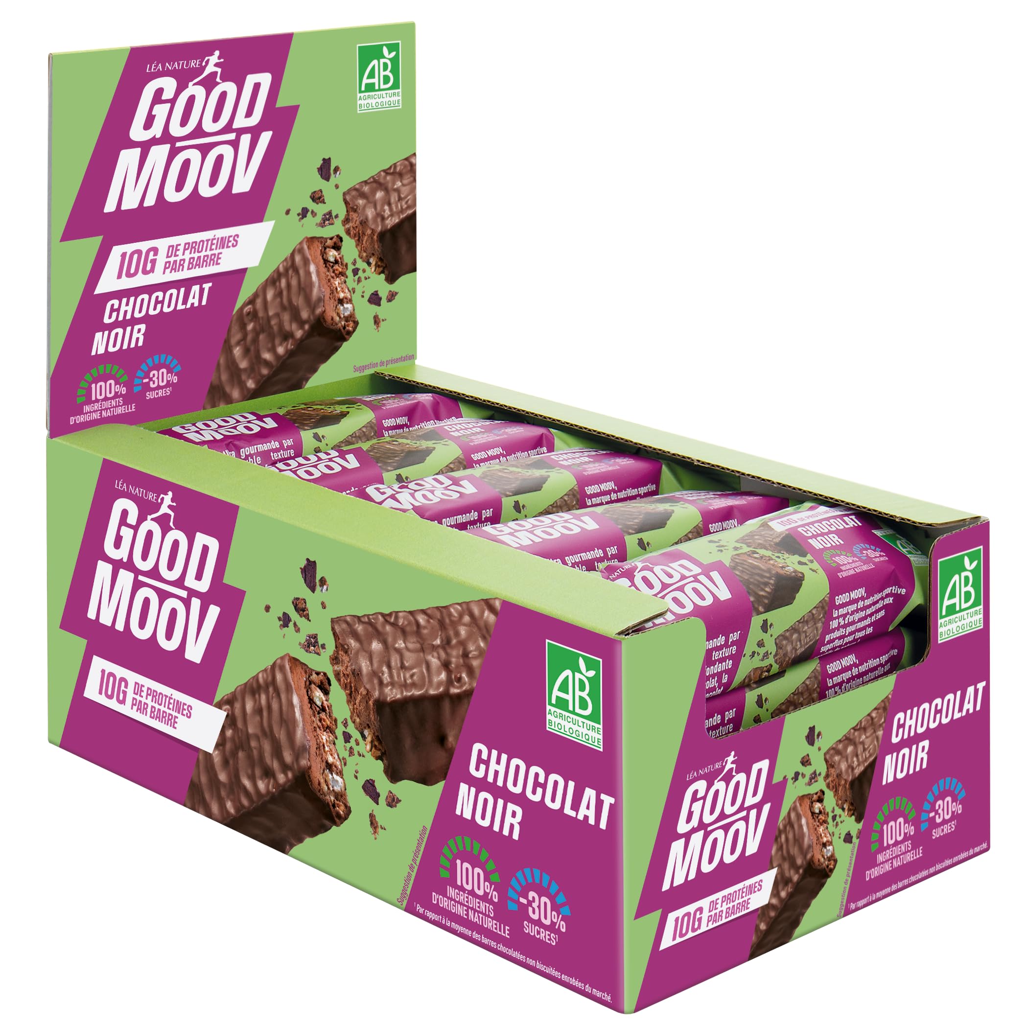 GOOD MOOV – Barre Protéinée Chocolat Noir Bio 46g - Lot carton de 20 barres | 30% de sucres en moins - Riche en protéines - Clean : Sans colorant, sans arôme artificiel, 100% d'origine naturelle