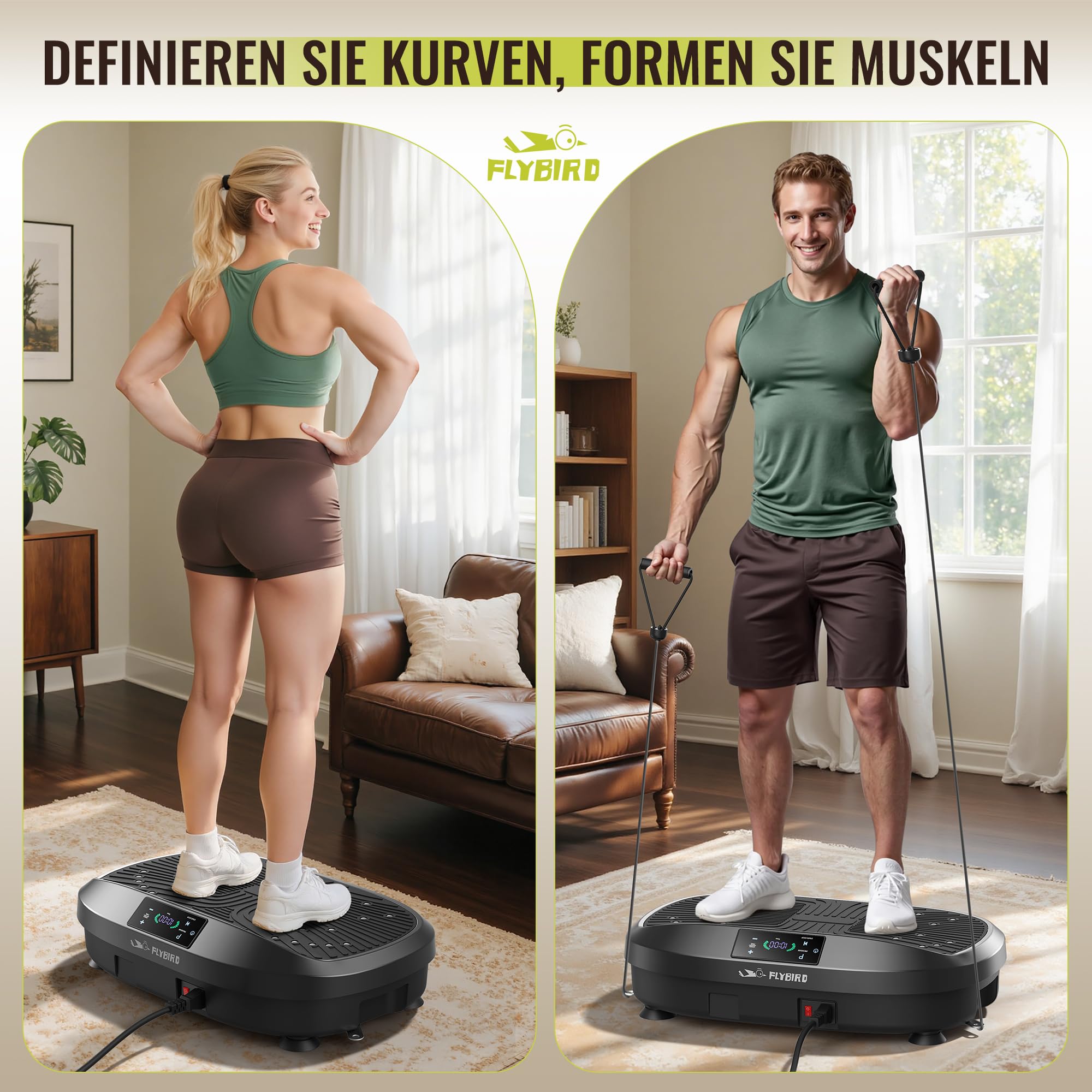 FLYBIRD Vibrationsplatte, 120 Leistungsstarke einstellbare Geschwindigkeiten,150KG Tragkraft,Ganzkörper-Training mit Fernbedienung für Frauen Muskelaufbau & Lymphdrainage