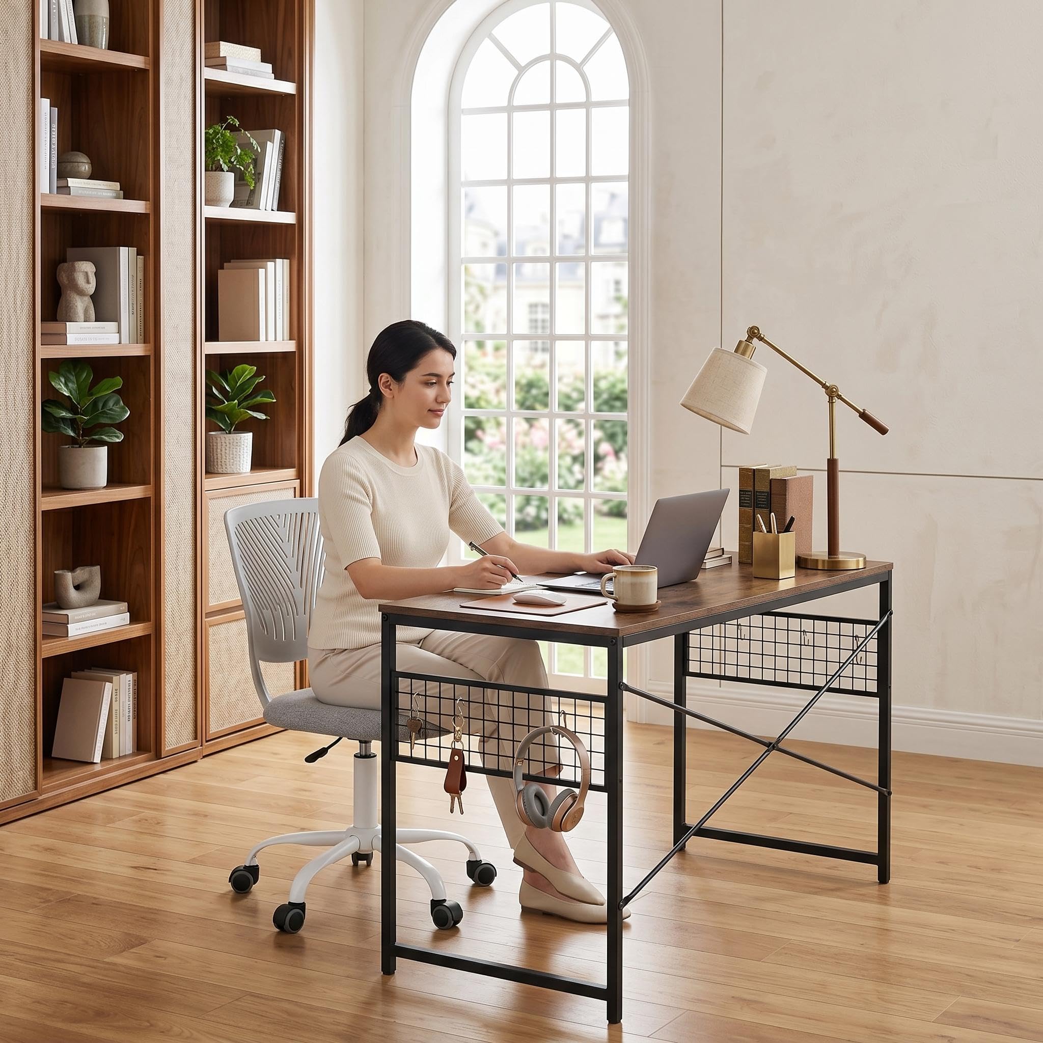 HOMYLIN Bürostuhl & Tisch Set, Study Klapptisch mit Gitter und 8 Haken, Ergonomischer Höhenverstellbarer Drehstuhl, für Jugendliche und Erwachsene (Hellgrau)
