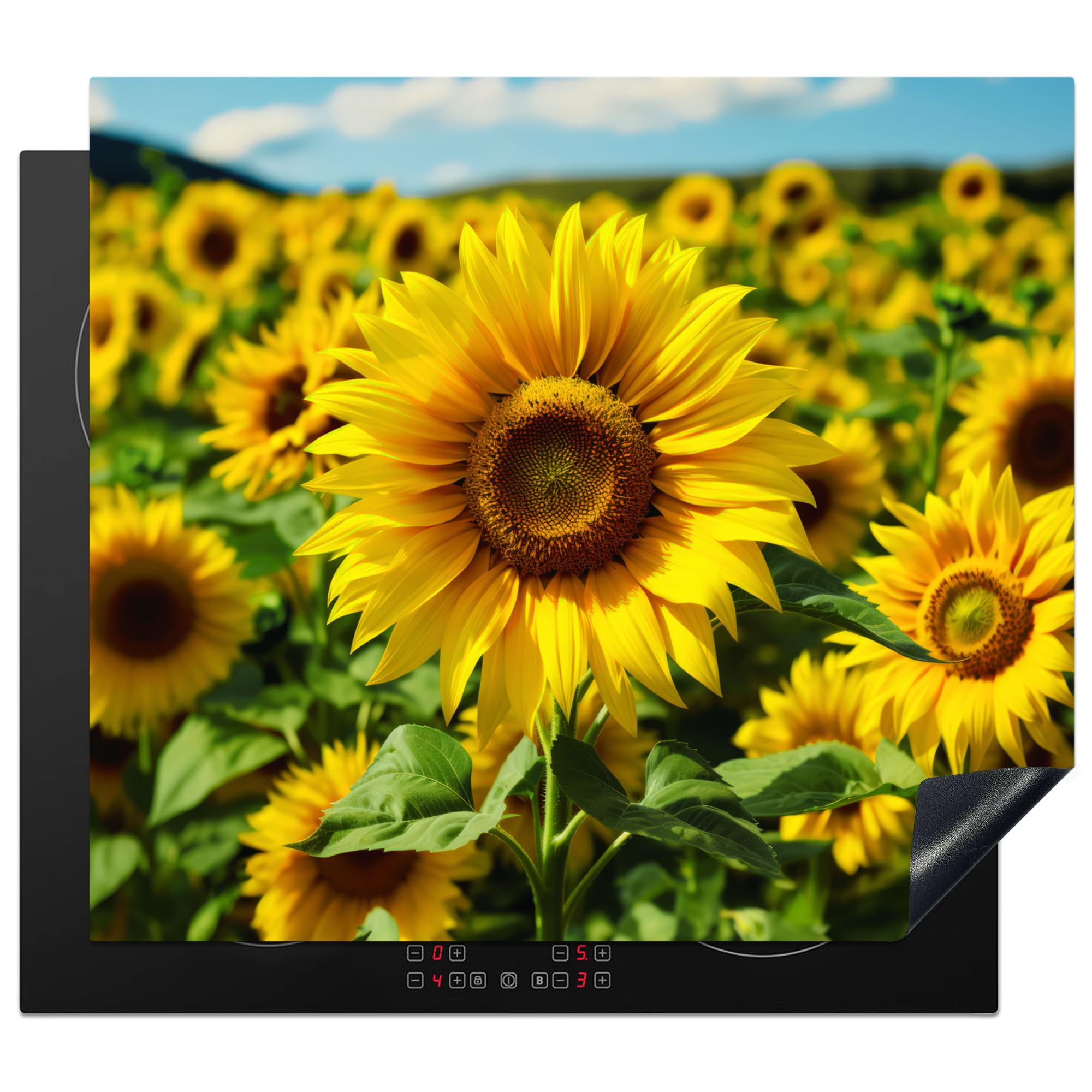 KitchenYeah© Induction Hob Protector Mat 20.2"x22.9" / 58.3x51.3 cm Stove Cap Top Cover Kitchen Cooker Covers for Electric Hobs Vinyl Sunflower - Yellow - Nature - Flowers