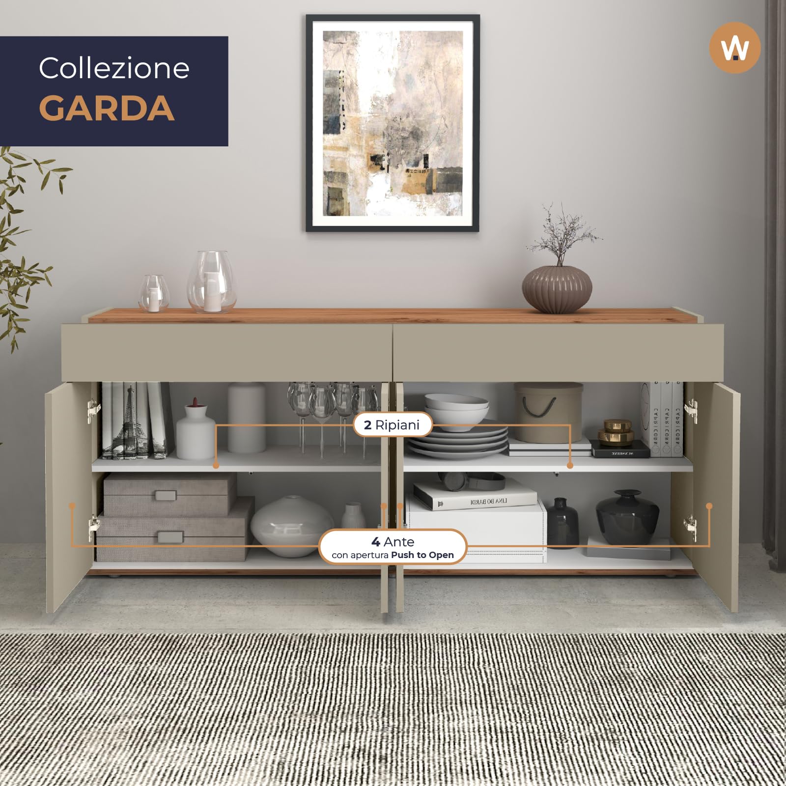WHOUS Credenza e Buffet GARDA per Soggiorno con 2 Cassetti e 4 Ante, Madia per Salotto, Cucina e Sala da Pranzo in Legno, 160,1x35x70 cm, Tortora Opaco e Rovere