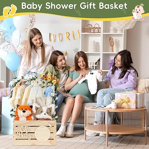 Miniatura 6 de Armario grande de madera para baby shower, cesta personalizable para baby shower con asa y guirnalda, caja de caja para bebé recién nacida para baby