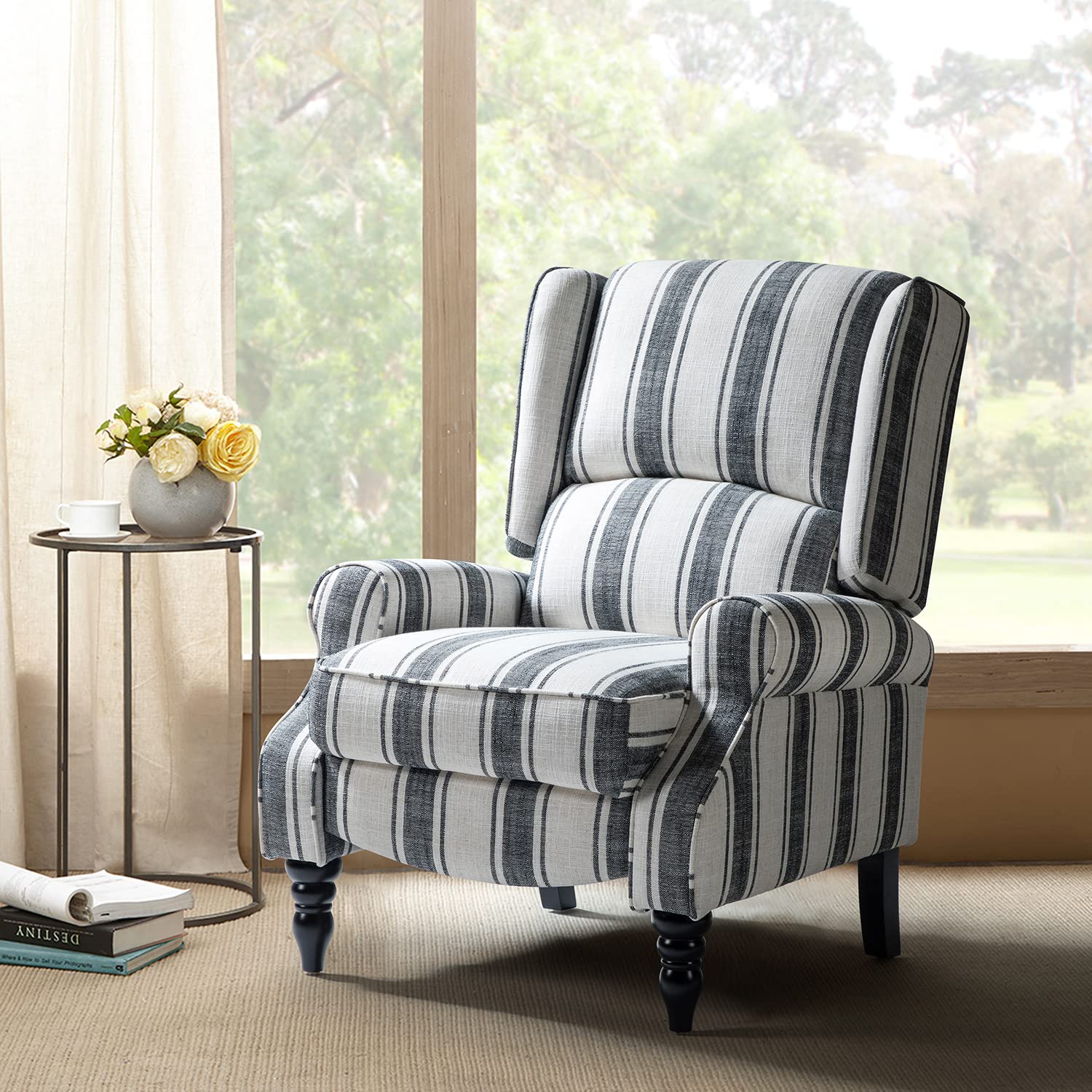 HULALA HOME Upholstered Wingback Recliner Chair, Small Adjustable Footrest Push Back Single Reclining Sofa, Mid Century Modern Lounge Armchair for Living Room, Bedroom, Reading/Stripe Black