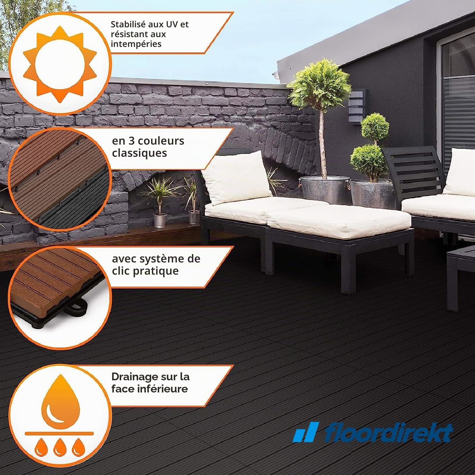 Floordirekt || Royal | Caillebotis Emboîtables | Qualité Supérieure Résistant aux intempéries | Idéales Sol Extérieur, Terrasse, Balcon | 1m² | 30x30cm, Anthracite
