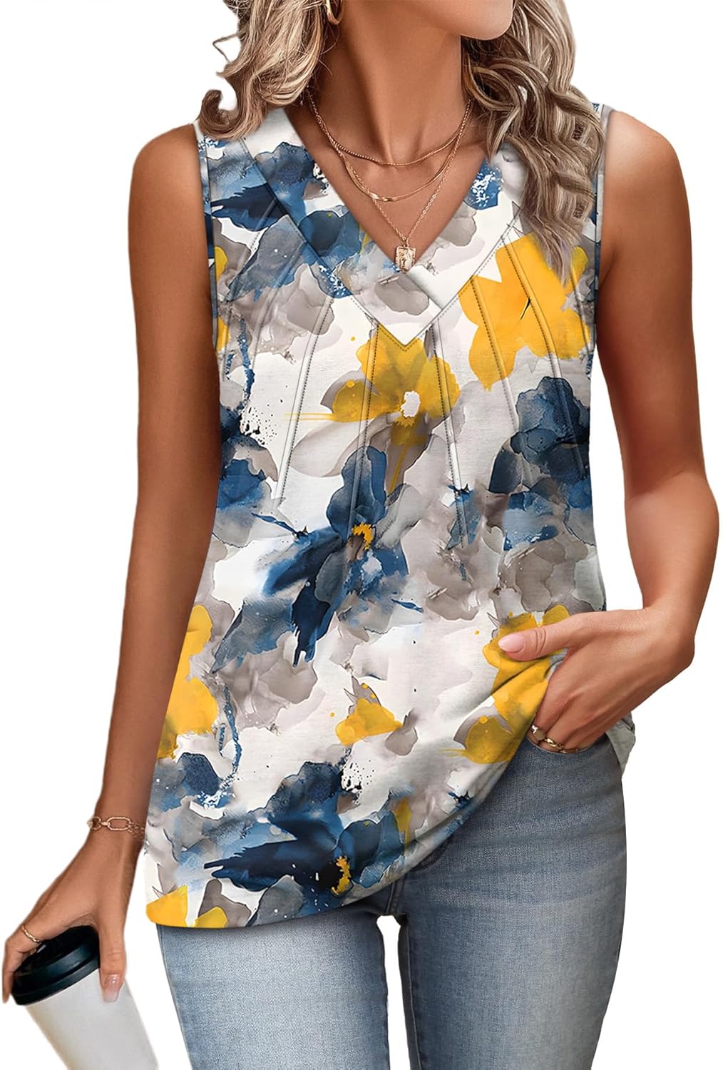 OFEEFAN Tank Tops for Women Loose Fit Sleeveless Shirts V Neck Summer Clothes Ruched Women's Tees and Tanks Straight Hem - Image 4