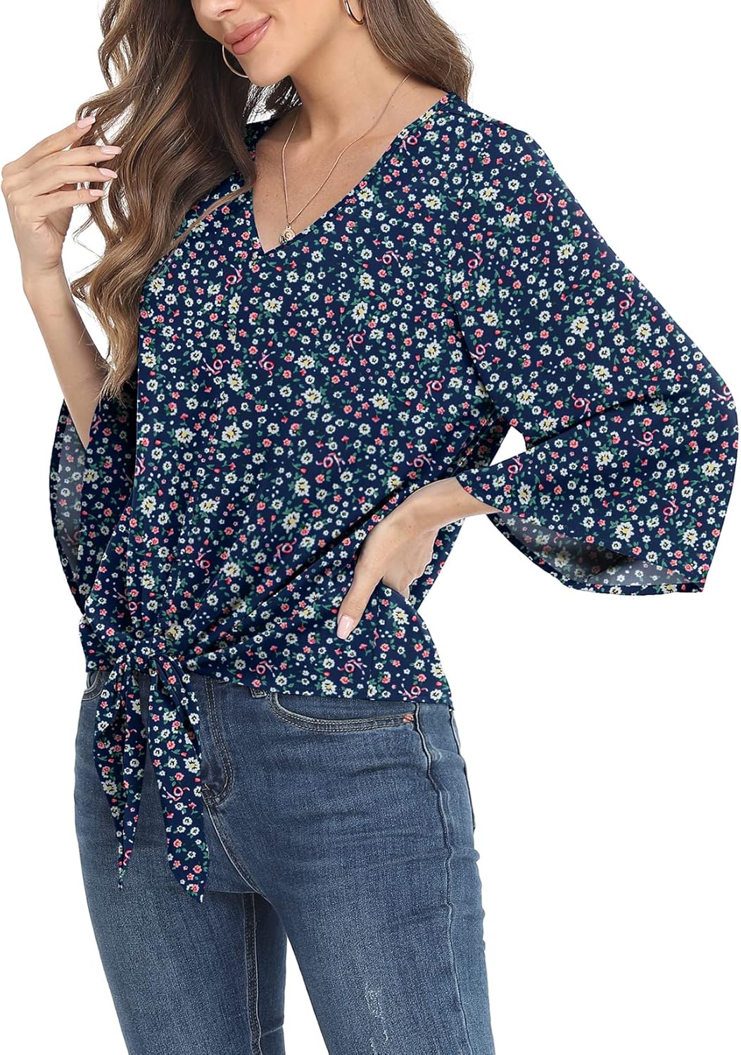 VIISHOW Women's Button V Neck Chiffon Tops 3/4 Bell Sleeve Tie Knot Casual Blouses Loose Summer Shirts - Image 3