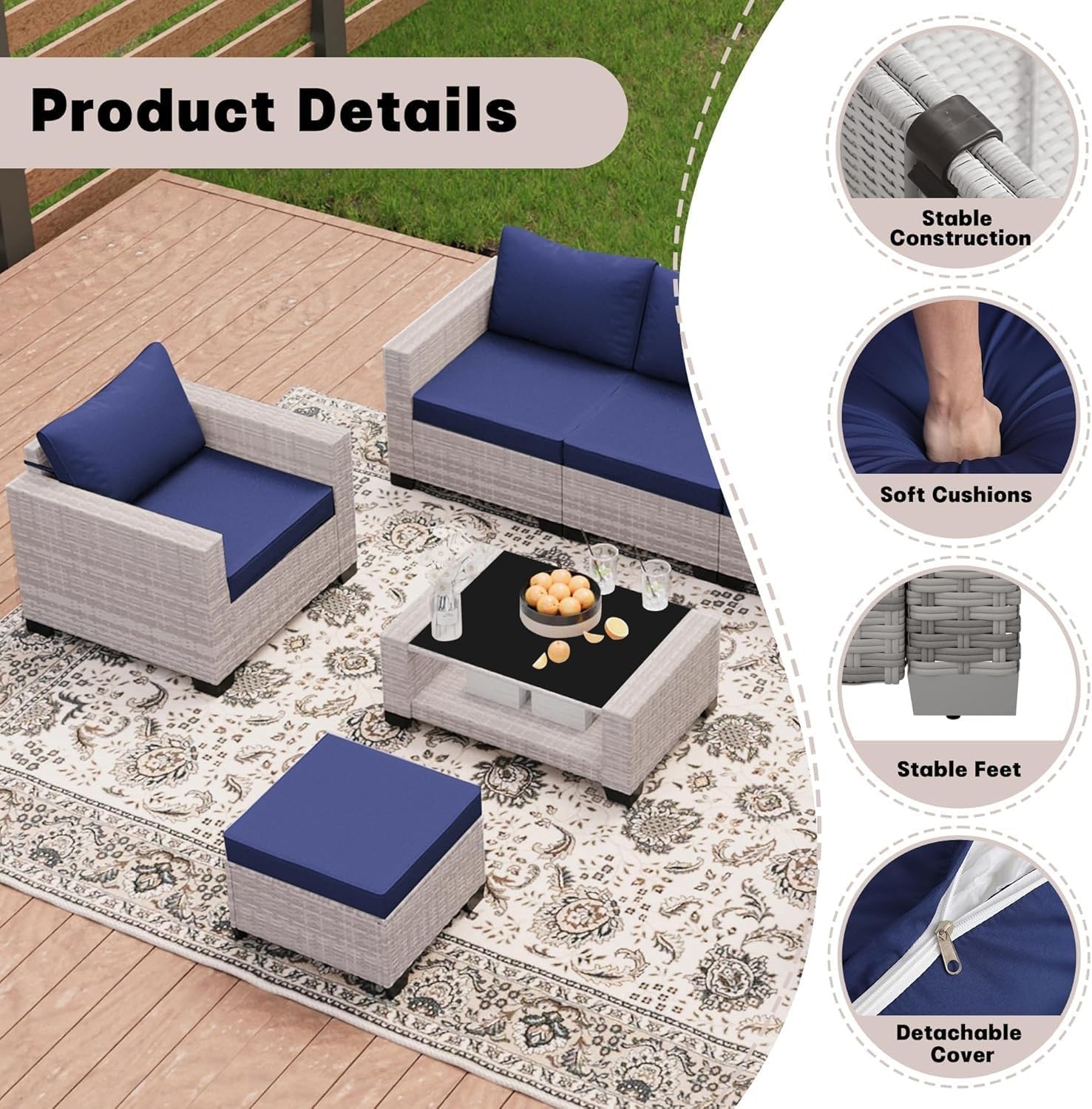 7 Pieces Patio Conversation Set Outdoor Wicker Sectional Sofa with Ergonomic Armrests, Cushioned Seats and 2-Tier Glass Coffee Table for Backyard Porch Deck Patio Furniture Sets