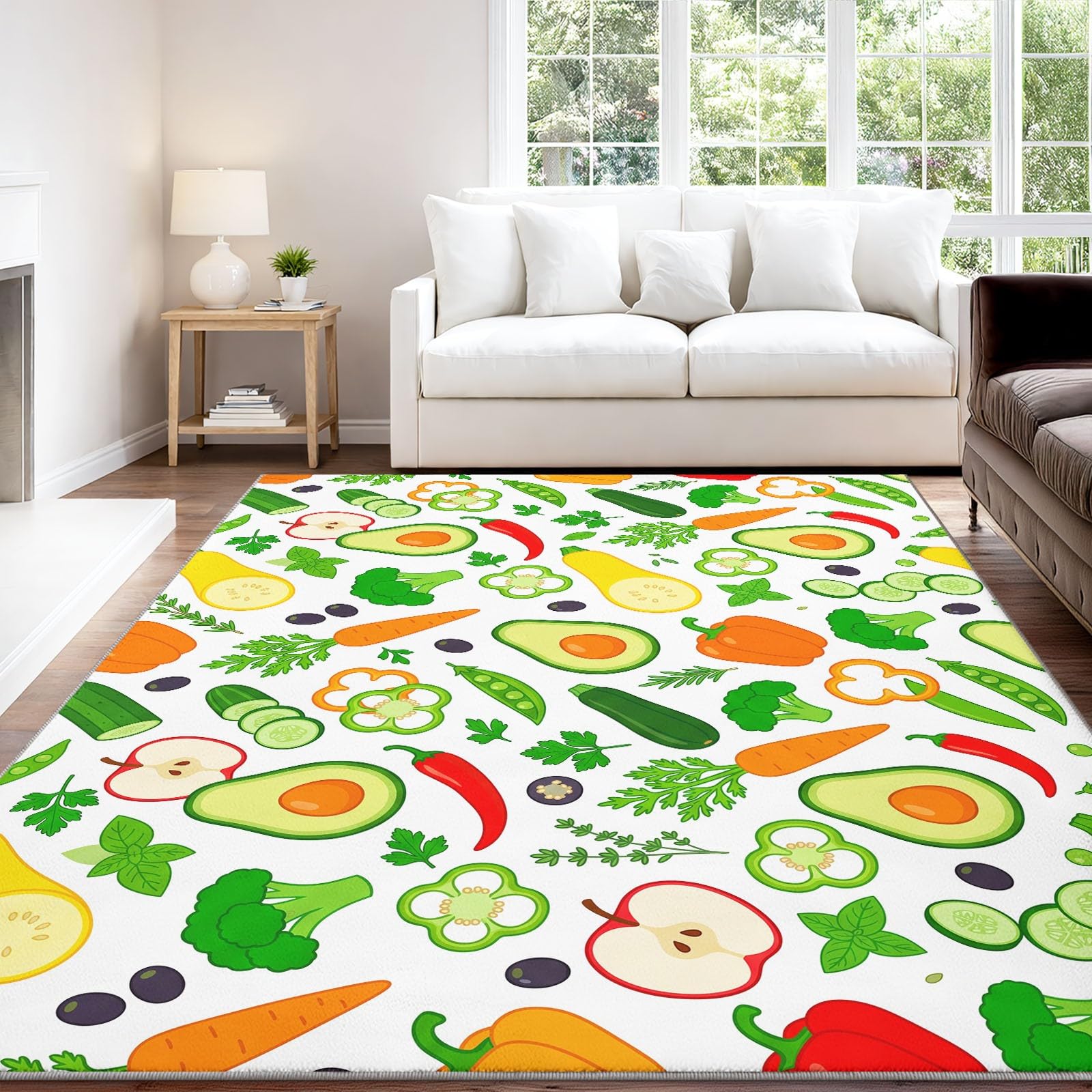 Alfombras lavables para sala de estar, 150 x 210 cm, alfombras esponjosas para dormitorio, antideslizantes, de pelo bajo, suaves, frescas, naturales, frutas, verduras, con patrón colorido, alfombras