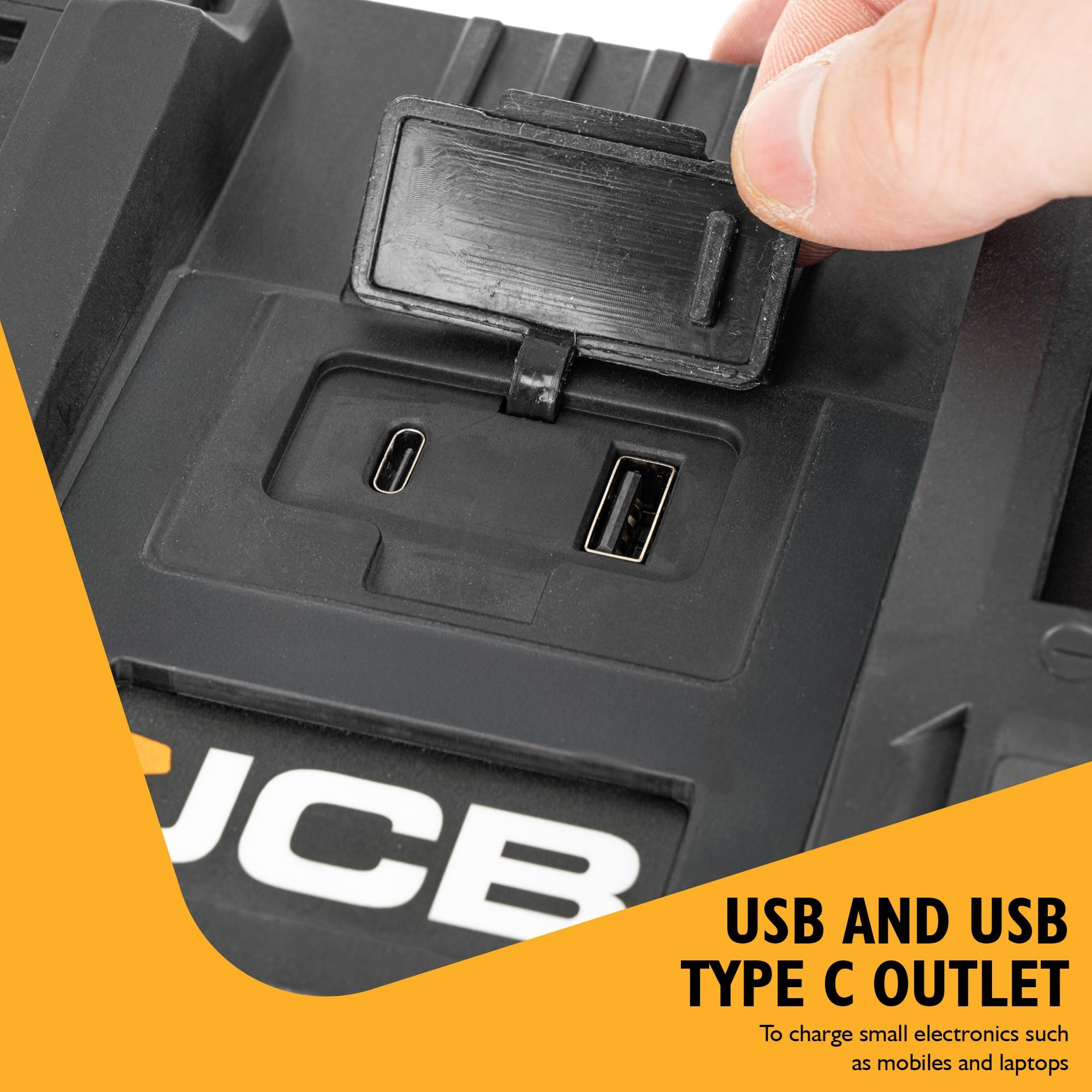 JCB Caricabatterie rapido Pro 18V Dual Port 2×4.5A con porte USB e USB-C aggiuntive - Compatibile con JCB Cordless & Professional Tools - Garanzia di 2 anni