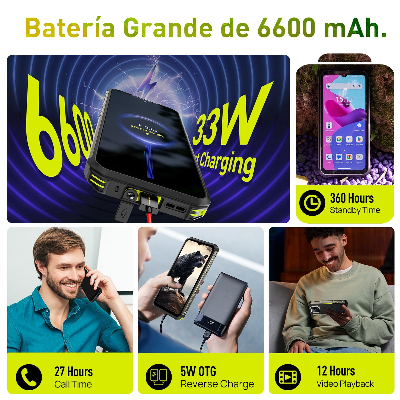 Ulefone Armor 22 Telephone Incassable 2026, Smartphone Android 15, 64MP Vision Nocturne, 16Go+128Go/SD-512Go IP68K Etanche 6600mAh/33W Écran 6 58" FHD+ 120Hz Double SIM 4G/NFC& Mode sous-Marin/Vert