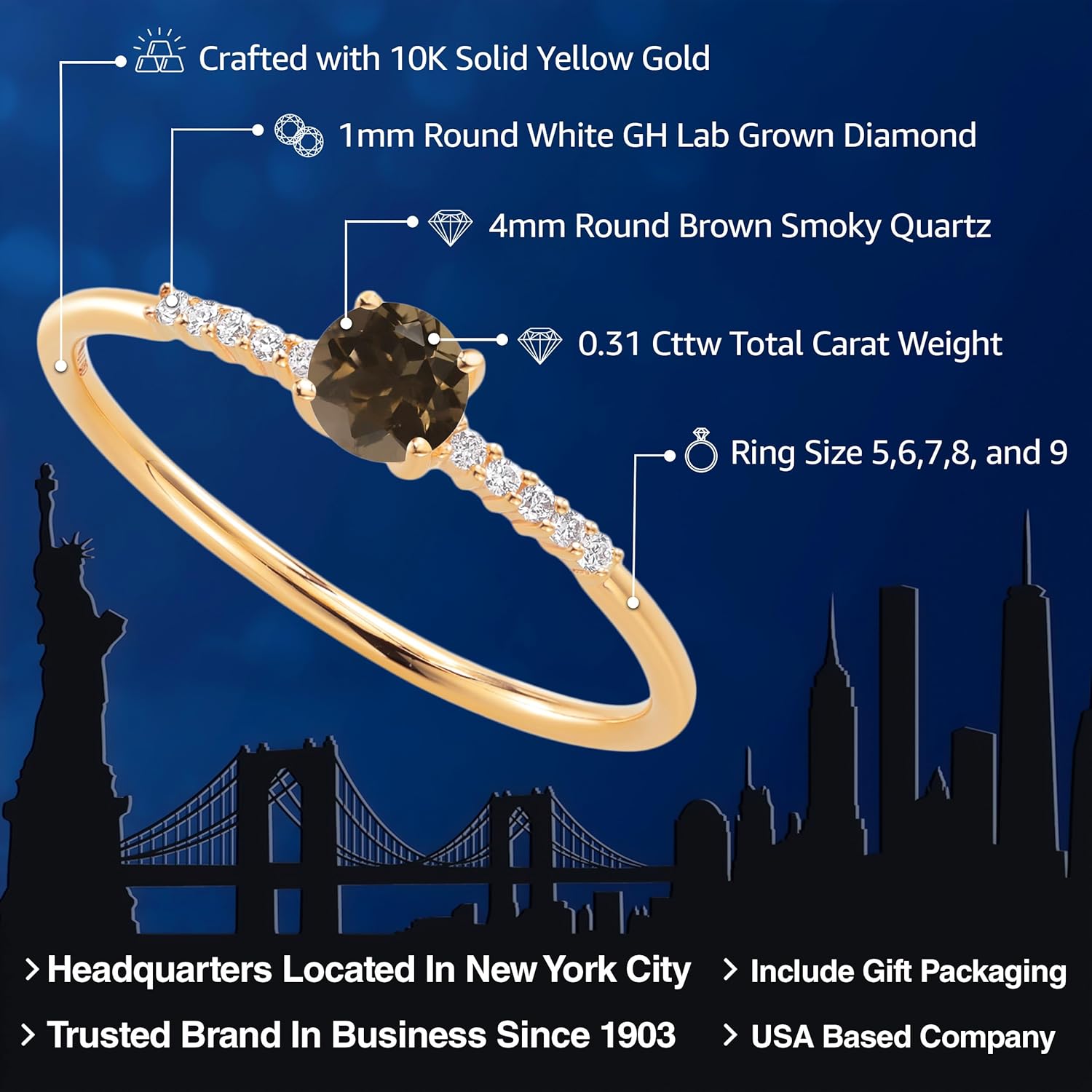 Gem Stone King 10K Yellow Gold Brown Smoky Quartz and White Lab Grown Diamond Engagement Ring For Women (0.31 Cttw, Round 4MM, Gemstone Birthstone)