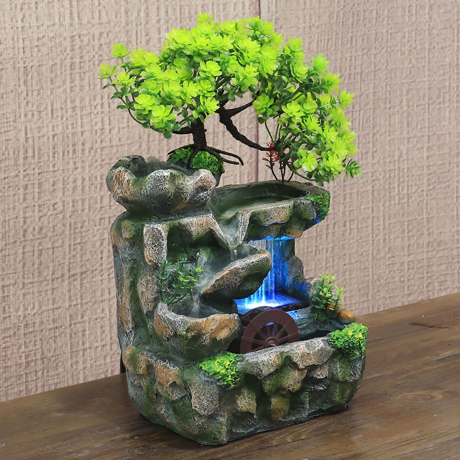 Fuente de interior HarBin-Star con iluminación LED, fuente de mesa en cascada, fuente con planta verde, fuente de jardín de resina, fuente de escritorio de 18 x 15 x 30 cm