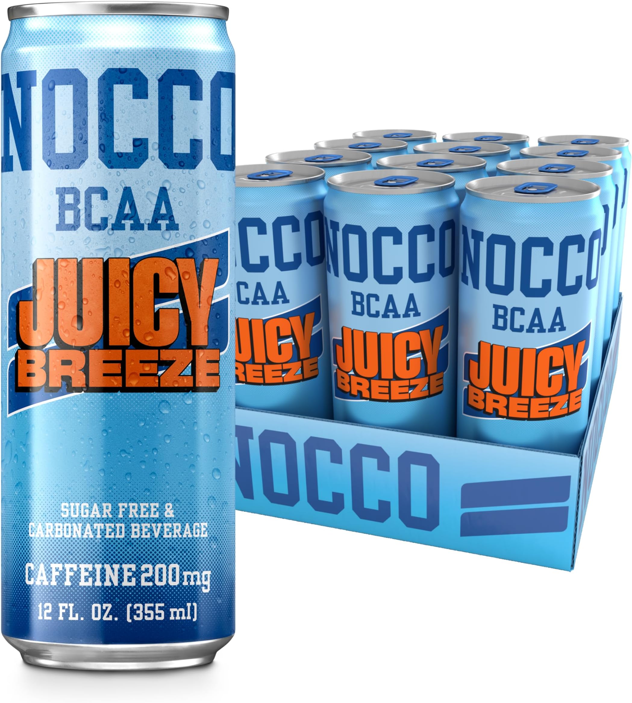 NOCCO Zero Sugar Energy Drink, Juicy Breeze - 12 Fl Oz (Pack of 12) - 200mg Caffeine, Sugar Free, BCAAs - Branched Chain Amino Acids, Carbonated & Low Cal, B Vitamins, Grab & Go Performance Beverage
