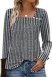 Long Sleeve Shirts for Women Fall Clothes Asymmetric Square Neck Tunic Tops Decorative Buttons