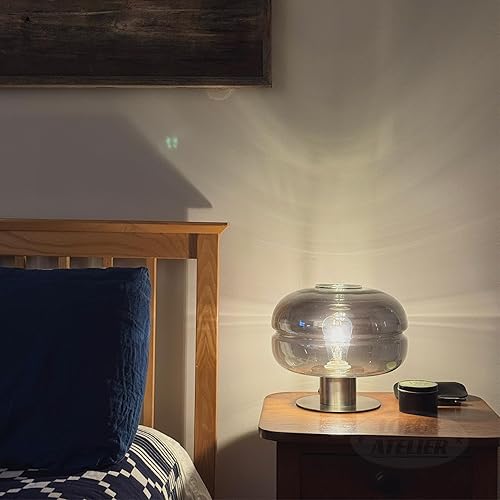 Miniatura 3 de Lotus Atelier Lámpara de mesa moderna, pantalla de vidrio ahumado, base de metal cepillado, decoración estética del hogar