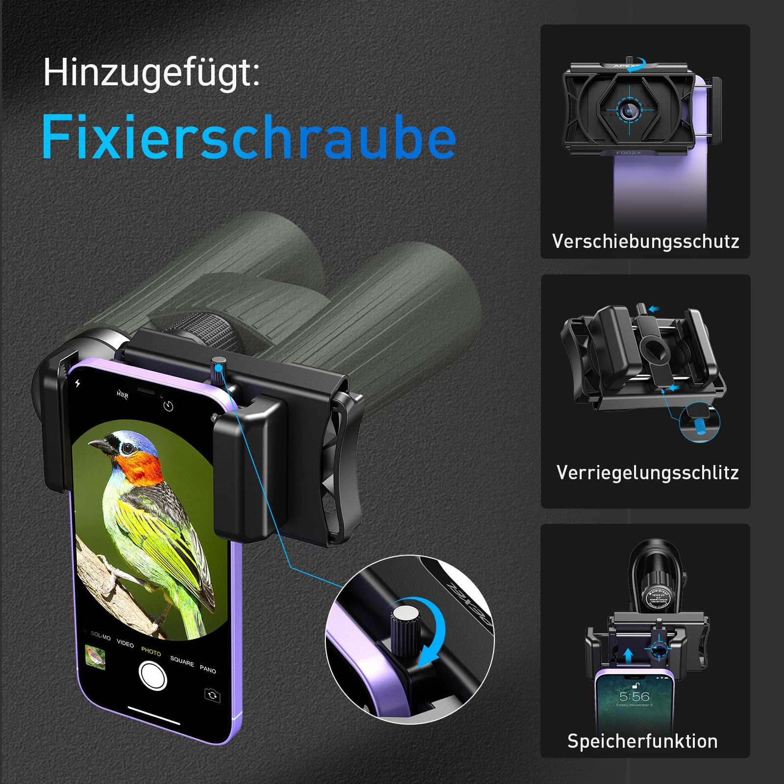 APEXEL Aktualisierung Universal Handy Adapter mit Fernauslöser,360°Drehung Kompatibel mit Fernglas Binoculars Monokular und Mikroskop,Teleskop Adapter für Mobiltelefone mit Breiten von 66~95 mm