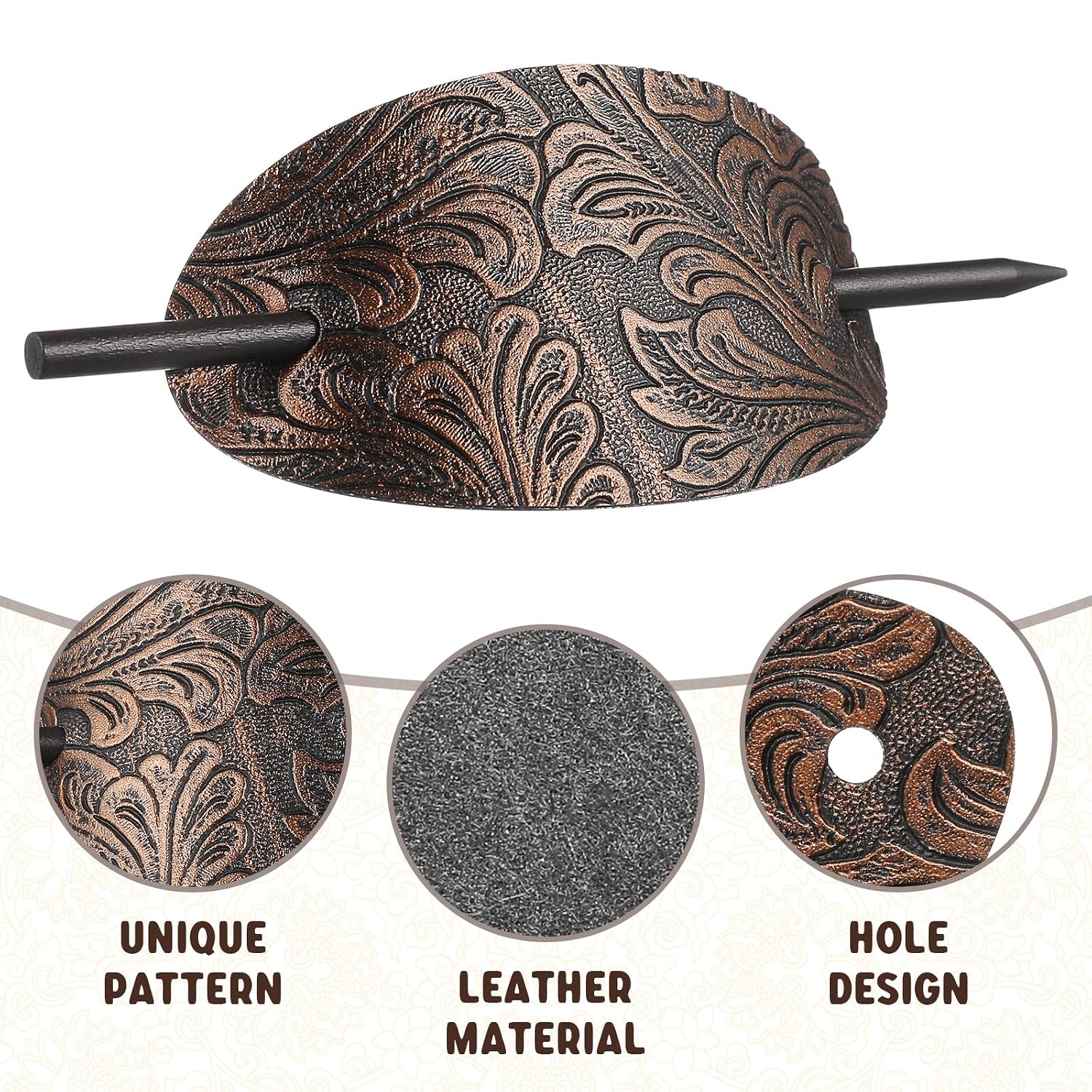 Beavorty Leather Barrette with Stick Hair Bun Holder, Hair Stick Clip Hair Barrettes for Women, Gold Hair Jewels, Oval Ponytail