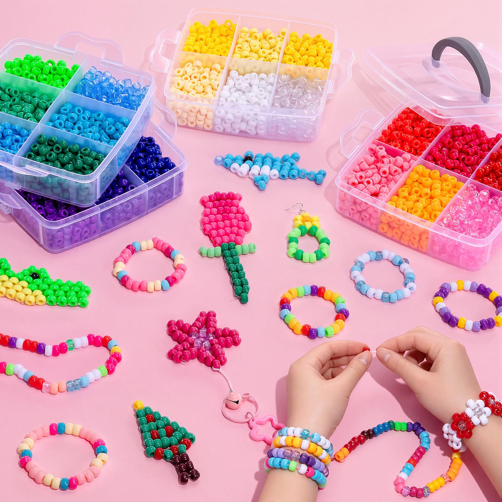 Simetufy 4200 cuentas de pony, 24 colores, cuentas Kandi para hacer pulseras | Plástico de 6 x 9 mm para trenzas de cabello, llavero, joyería, manualidades, 2.5 libras
