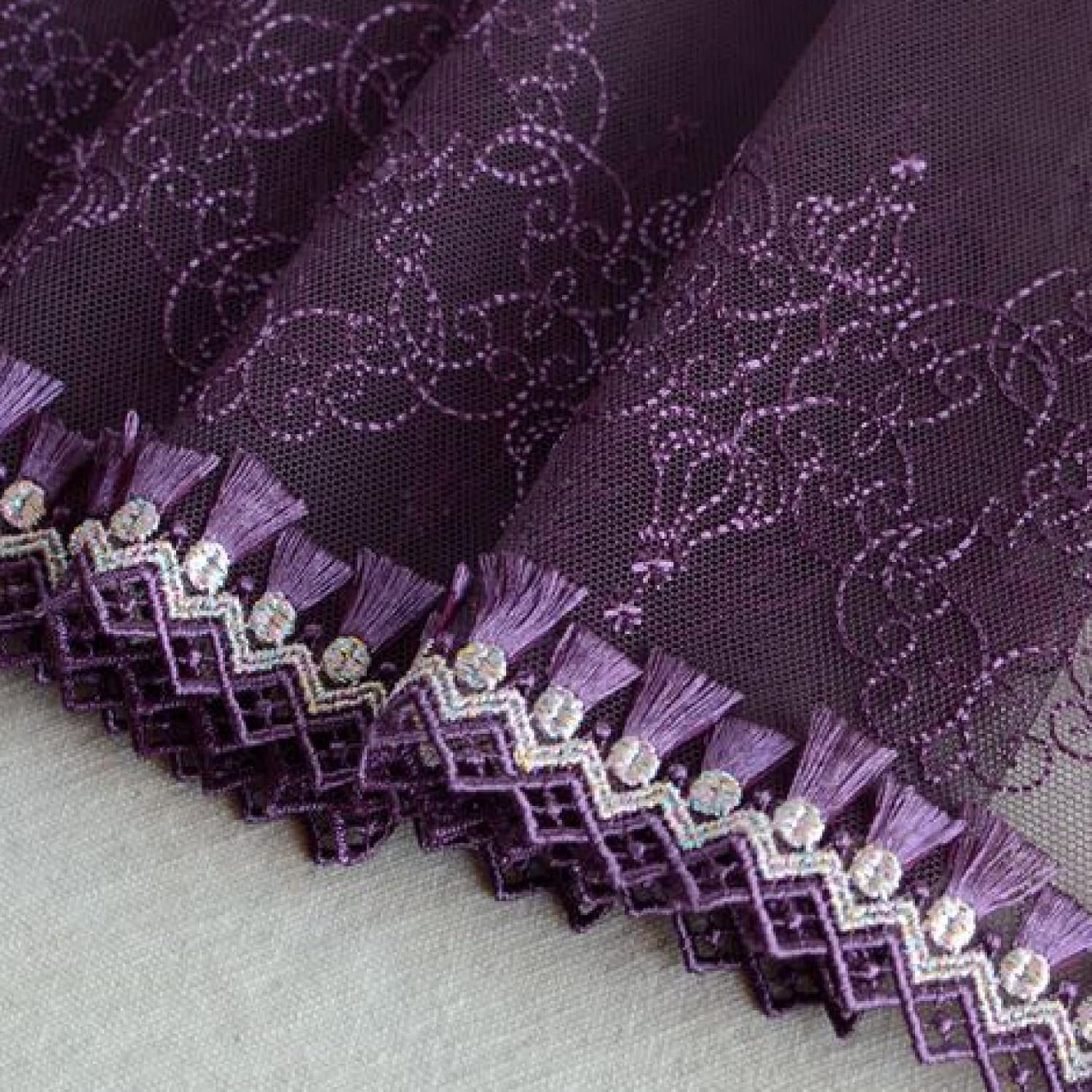 Curtain Tassels，Tassels for Sewing， Purple Color Embroidery Trim Water Soluble Purple Lace Fabric Tassel Fringe Tulle Lace for Curtain