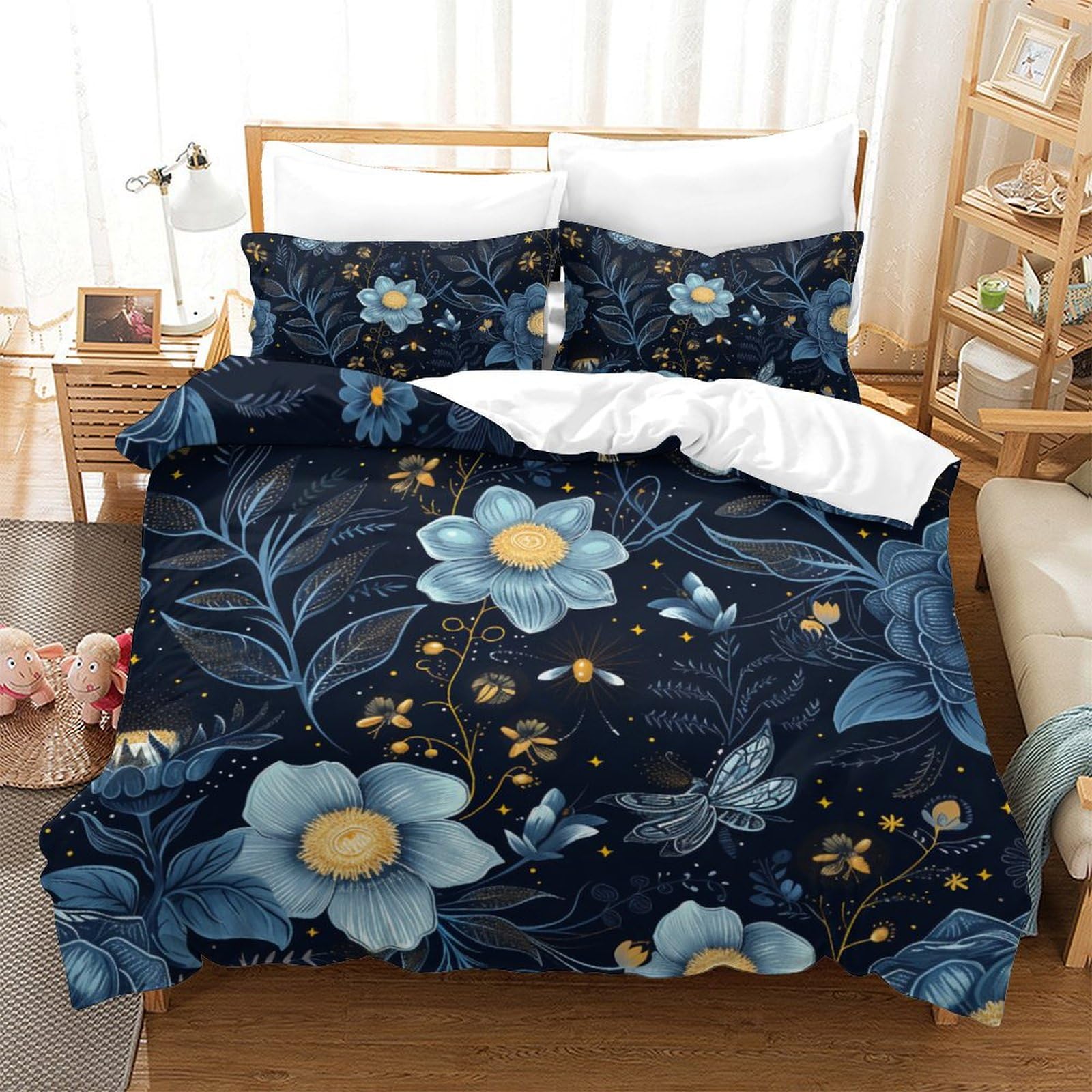 Housse de couette fleurs parure de lit microfibre 200x200 fermeture éclair double