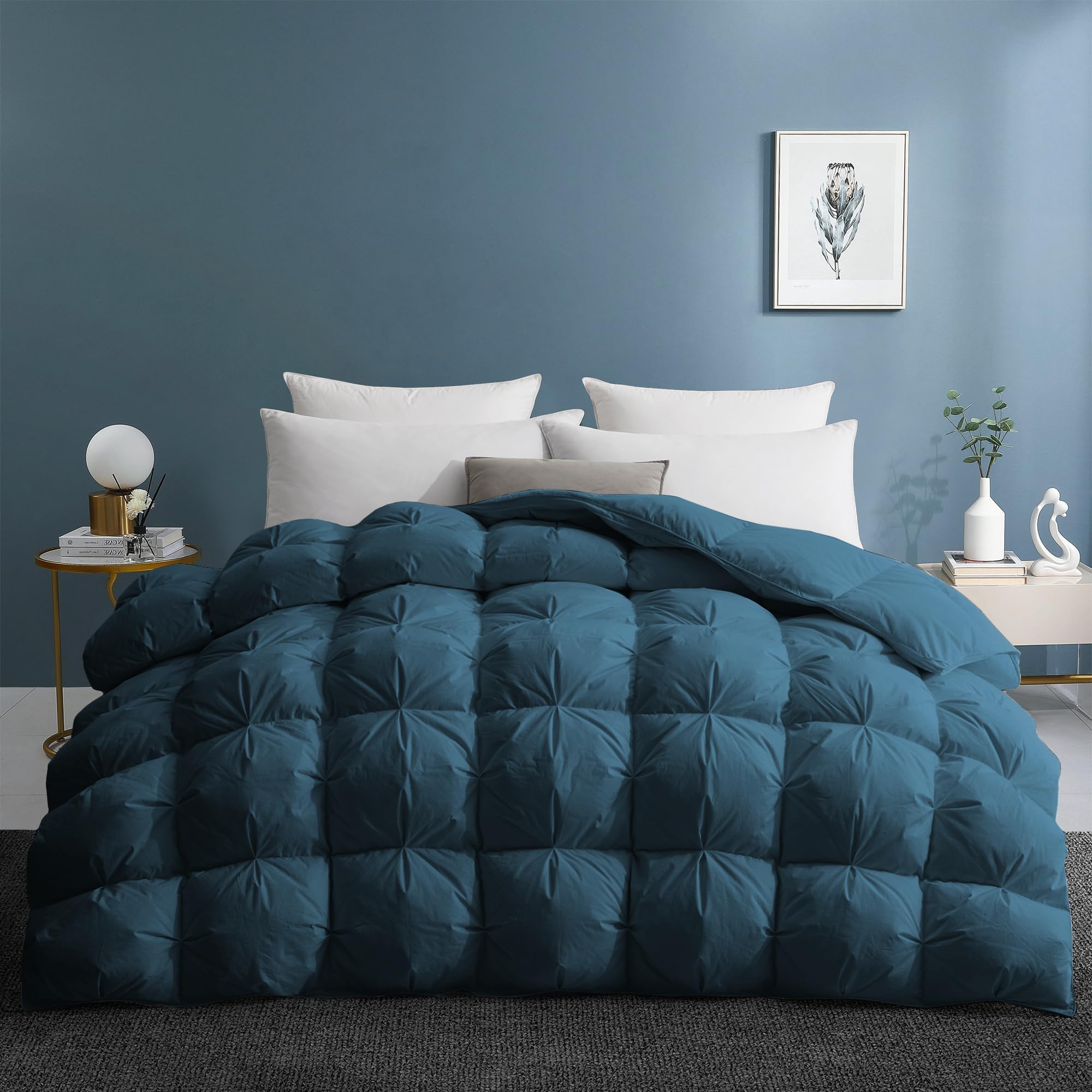 Photo 1 of UNIKOME Queen Size Goose Feather Down Comforter - Pinch Pleat All Season Duvet Insert, 20% Extra Fill, 90oz, Cloud-Like Fluffy Hotel Luxury Navy Comforter with 100% Cotton Cover (90" X 90")