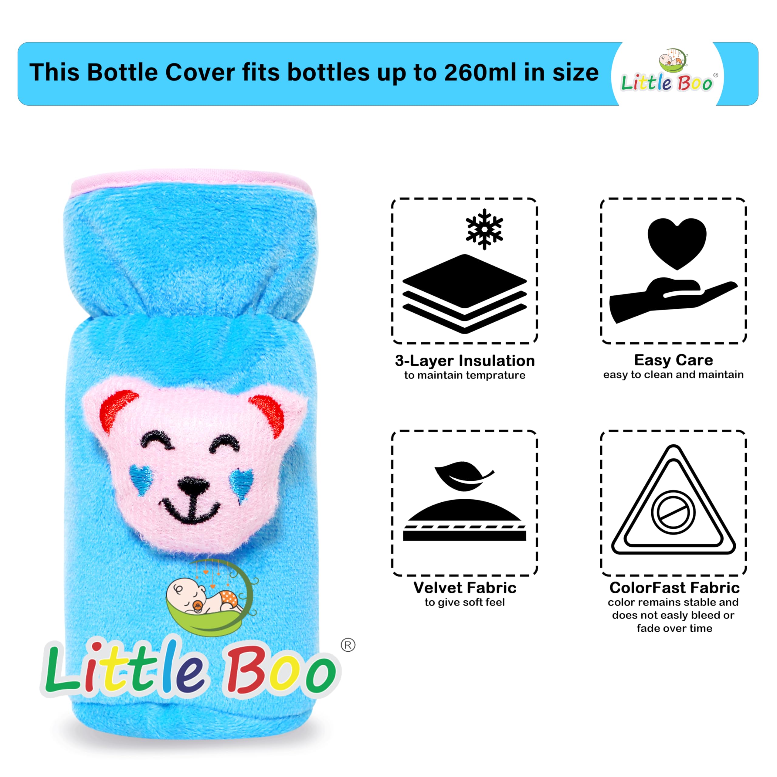 Little Boo Soft Plush Stretchable Baby Feeding Bottle Cover with Easy to Hold Strap | Cute Design Valvet Pack of 2 (Blue and Pink,Narrow Neck Fits Upto 150ml) - Image 7 thumbnail