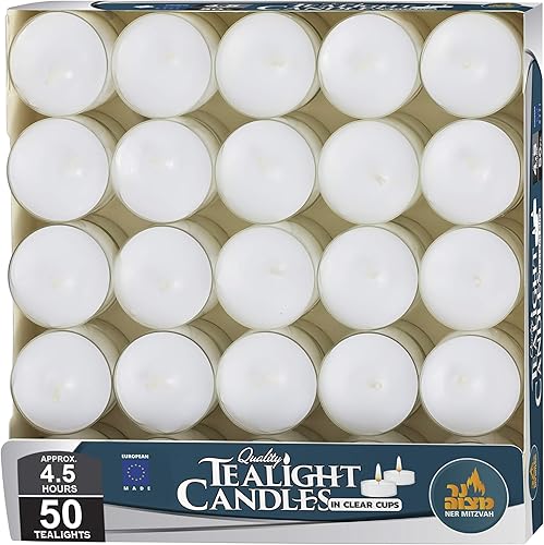 Miniatura 5 de Ner Mitzvah Velas de té Paquete de 50 velas a granel Velas blancas sin perfume en taza transparente Larga combustión 4.5 horas