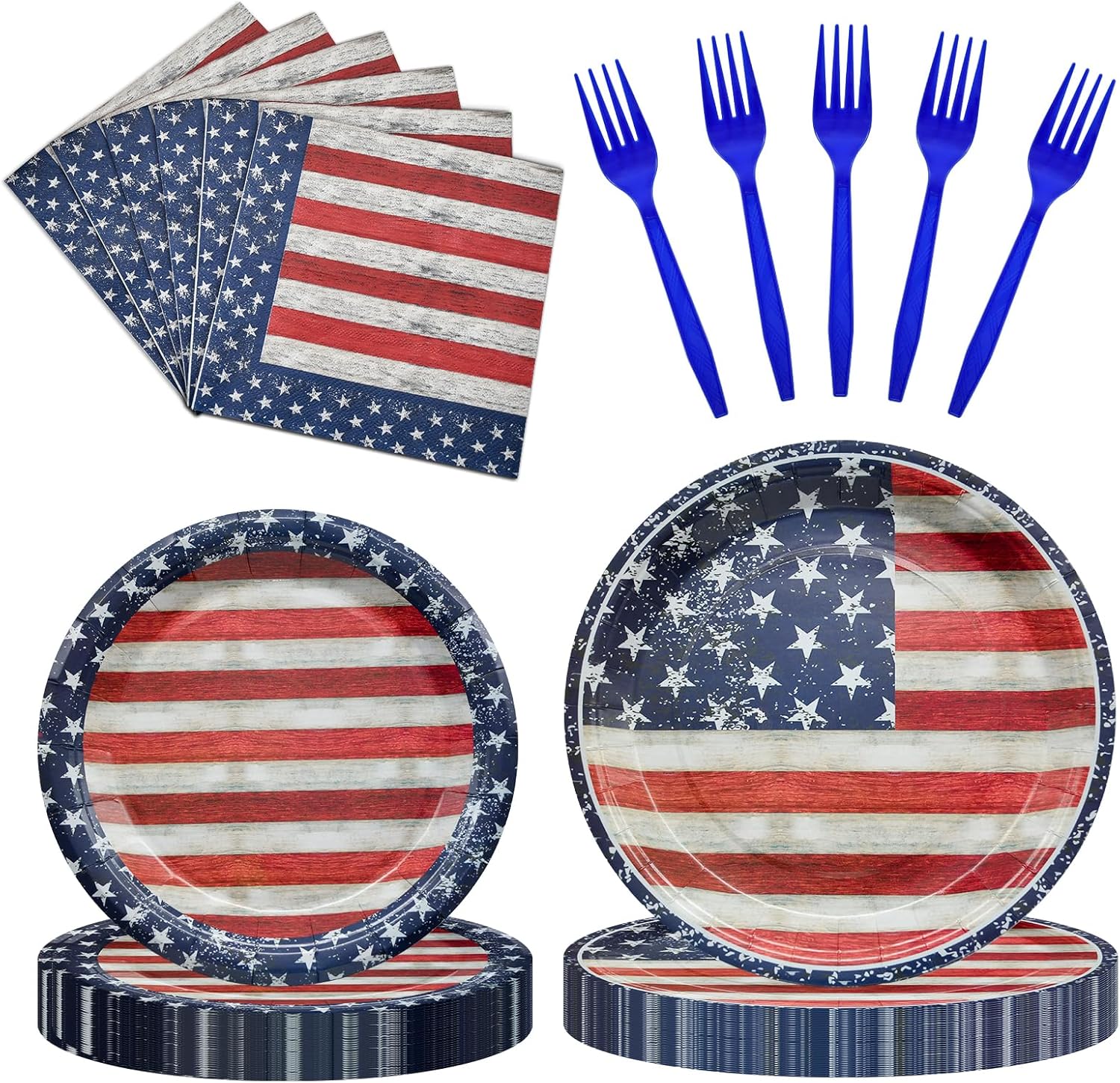 96 Pieces Patriotic Tableware Set Party Supplies - American Flag Pattern Disposable Dinnerware with Paper Plates, Napkins, Forks for Fourth of July, Memorial Day, Veterans Day BBQ Picnic Favors