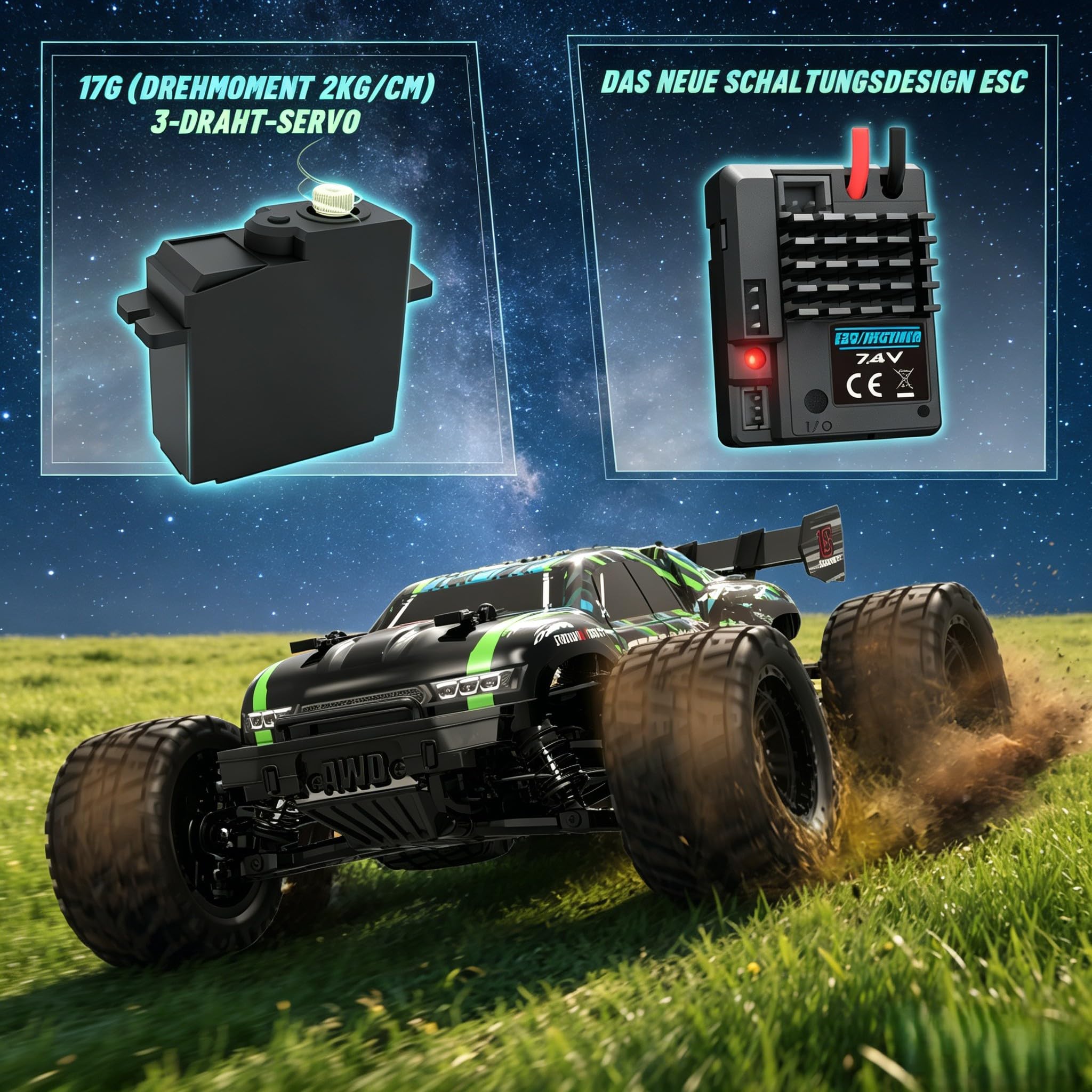 HAIBOXING Ferngesteuertes Auto 18858E, 1/18 Neues Modell 4WD 36+ km/h Hobby Offroad Monstertruck mit 2 Batterien, wasserdichte RC Truggy RTR Geländegängig Spielzeug 35 Minuten Laufzeit