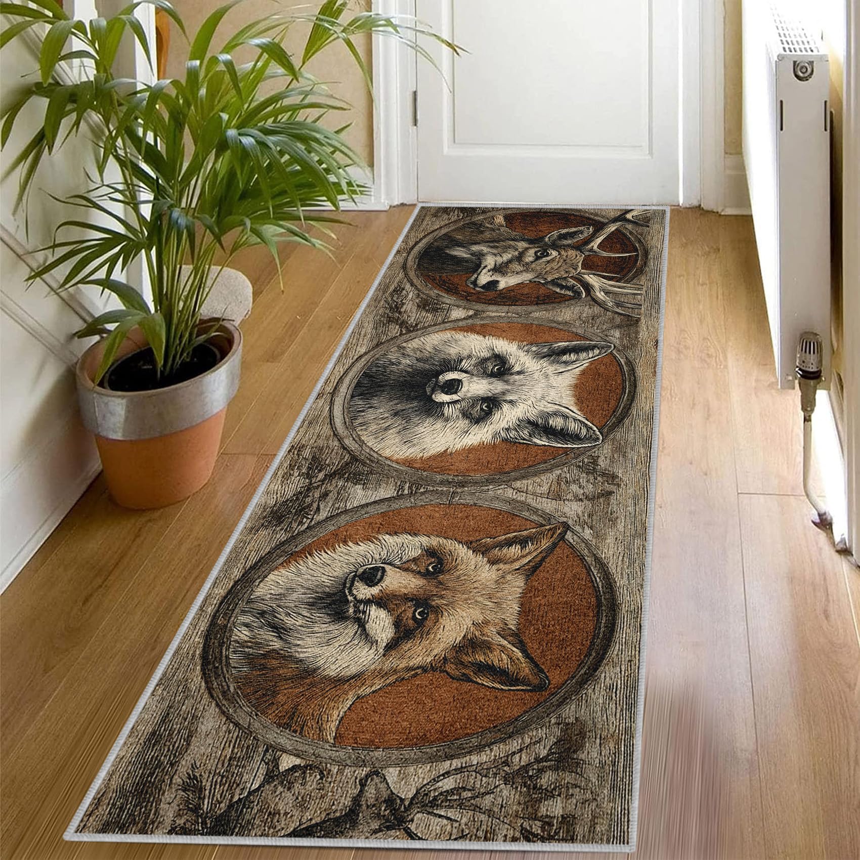 Generisch Fuchs Hirsch Teppich Läufer Flur 60x180, Waschbar rutschfest Rustikaler Hütte Muster Teppichläufer, Weich Kurzflor Lang Flurläufer für Wohnzimmer Schlafzimmer Bettvorleger Küchen YD801