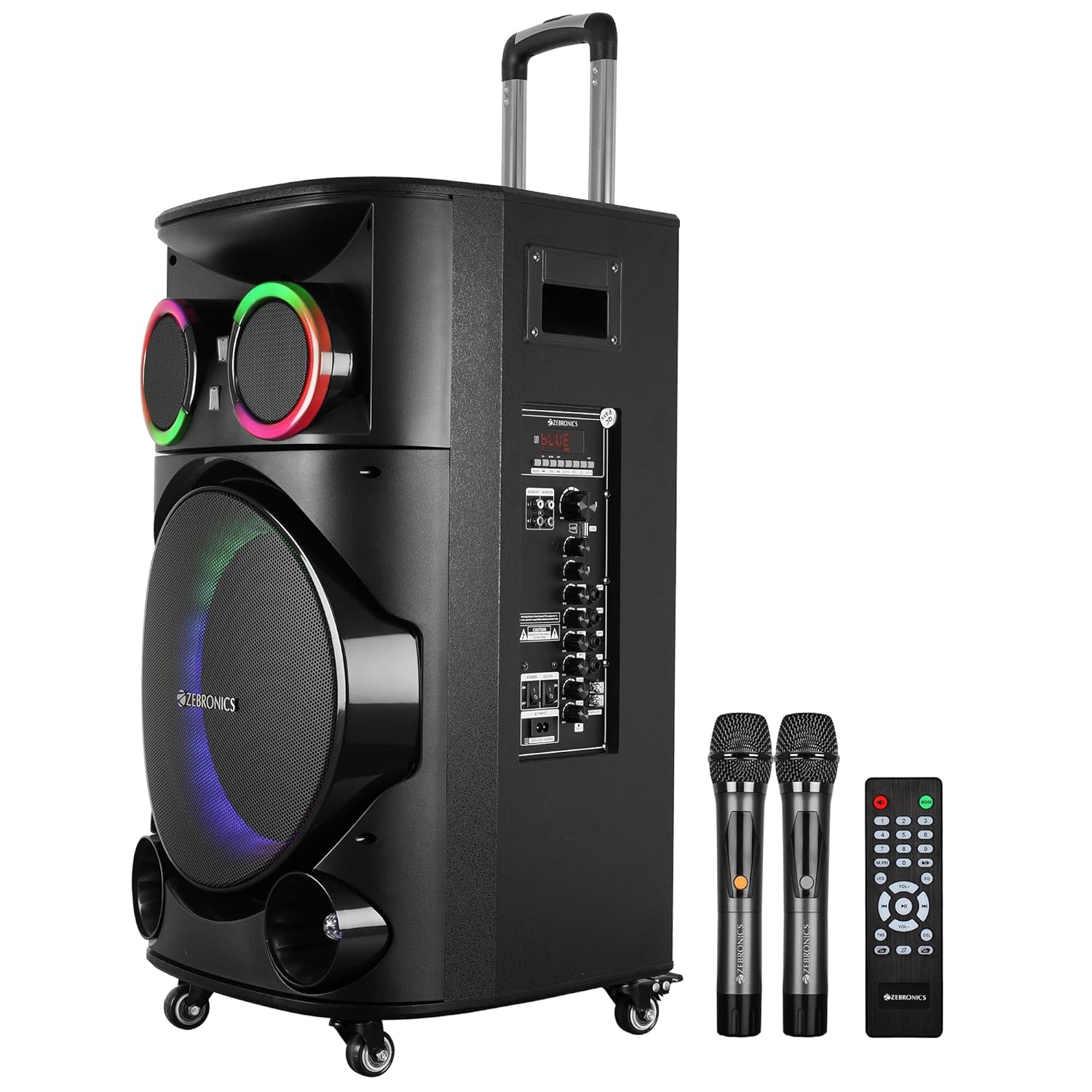 ZEBRONICS GINOX Plus Party Trolley DJ Speaker – 160W Power, 10H Battery, Karaoke, Dual Wireless Mics, RGB LED, Portable Sound System