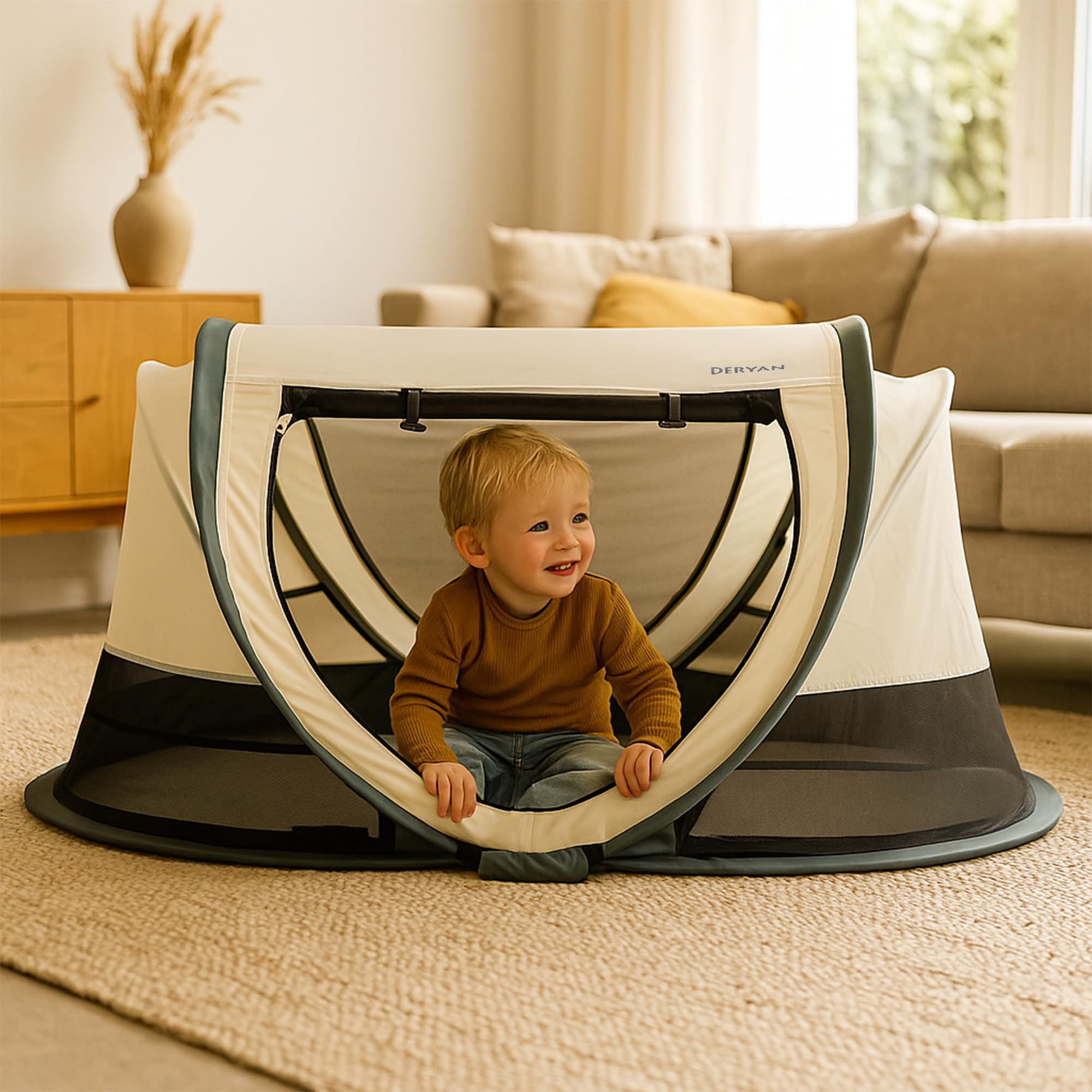 Deryan Scott Lettino Parapioggia per Bambino - Dalla Nascita Fino a 3 Anni - Tenda Pop-Up per Bambino Montabile in 2 Secondi - Zanzariera & Borsa da Viaggio Inclusi - 120x75x50cm (Crema)