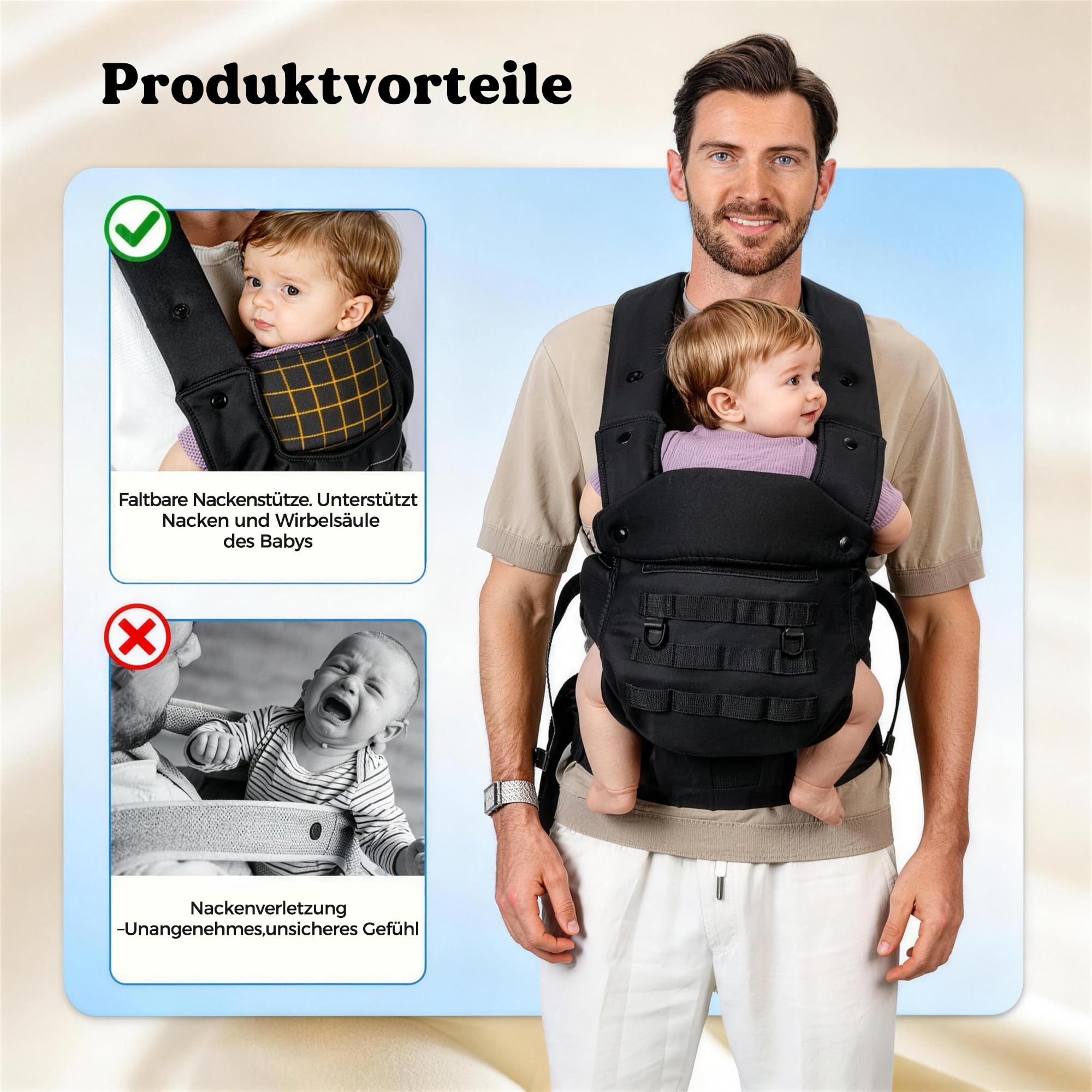 Babytrage für Papa, Ergonomische Baby Trage mit Hüftgesunde (4-36 Monate), 3-in-1 Baby Carrier für 3,5-15kg, Leicht, Atmungsaktive, Einhandbedienung für Unterwegs & Reisen Schwarz