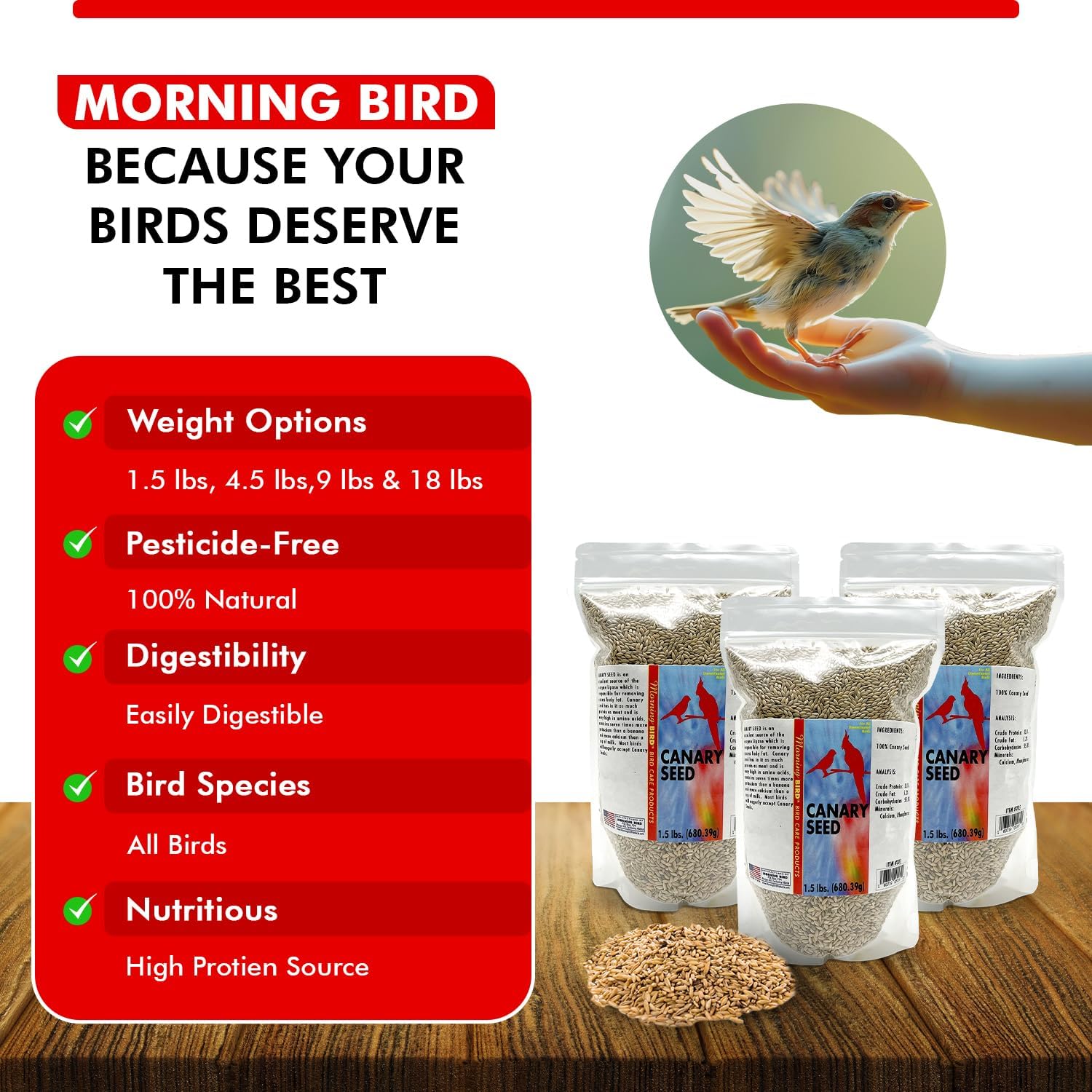 Morning Bird Canary Seed 4.5 lbs (3-Pack, 1.5 lbs Each), Nutrient-Rich Bird Seed, Creamy Golden Grain Powerhouse - Supports Healthy Feathers & Strong Bones – Natural Daily Nutrition for All Bird Types