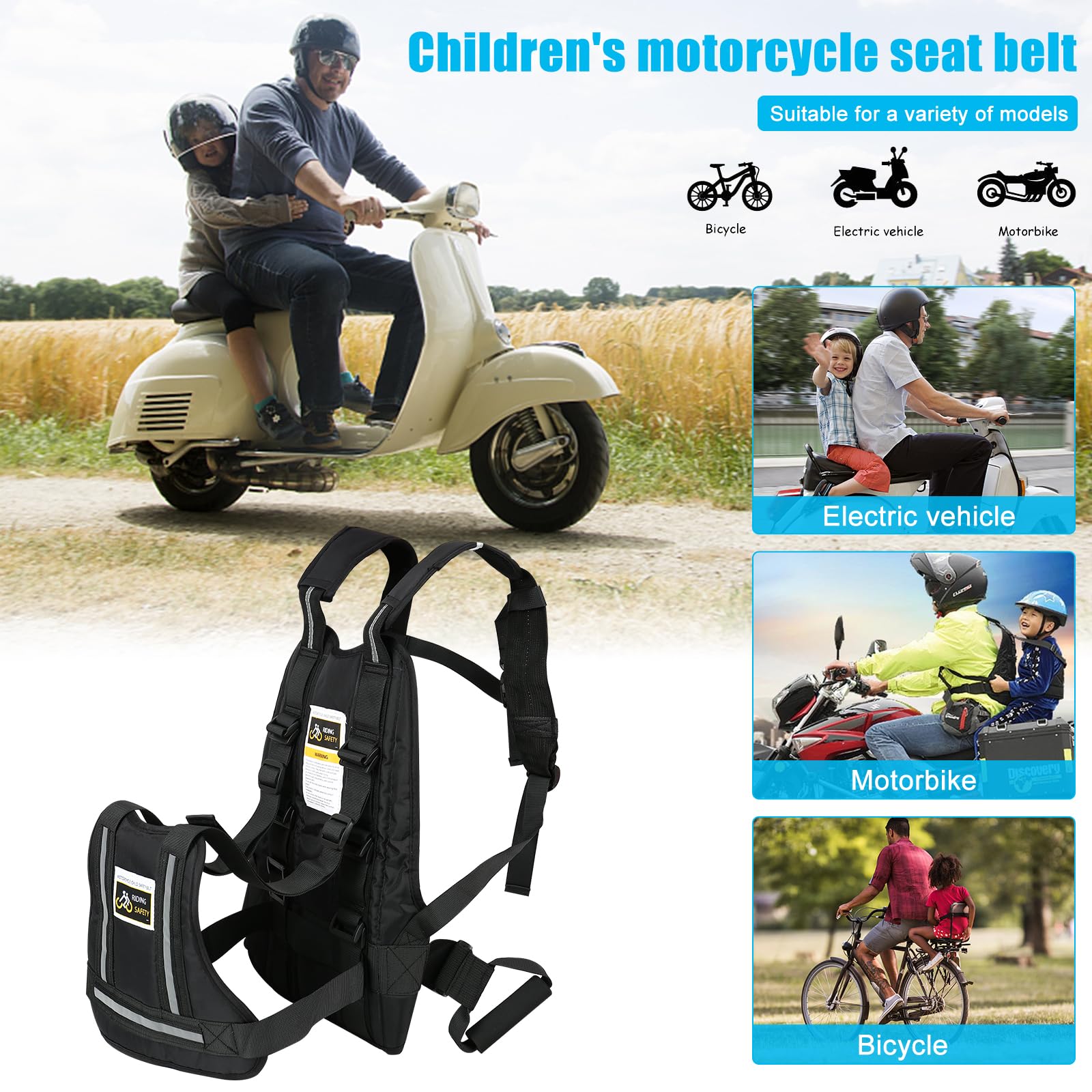 Kinder Motorrad Sicherheitsgurt mit zwei Griffen, Einstellbar, 3-Reflektierendes Material, Fallschutz für 2-12 Jahre