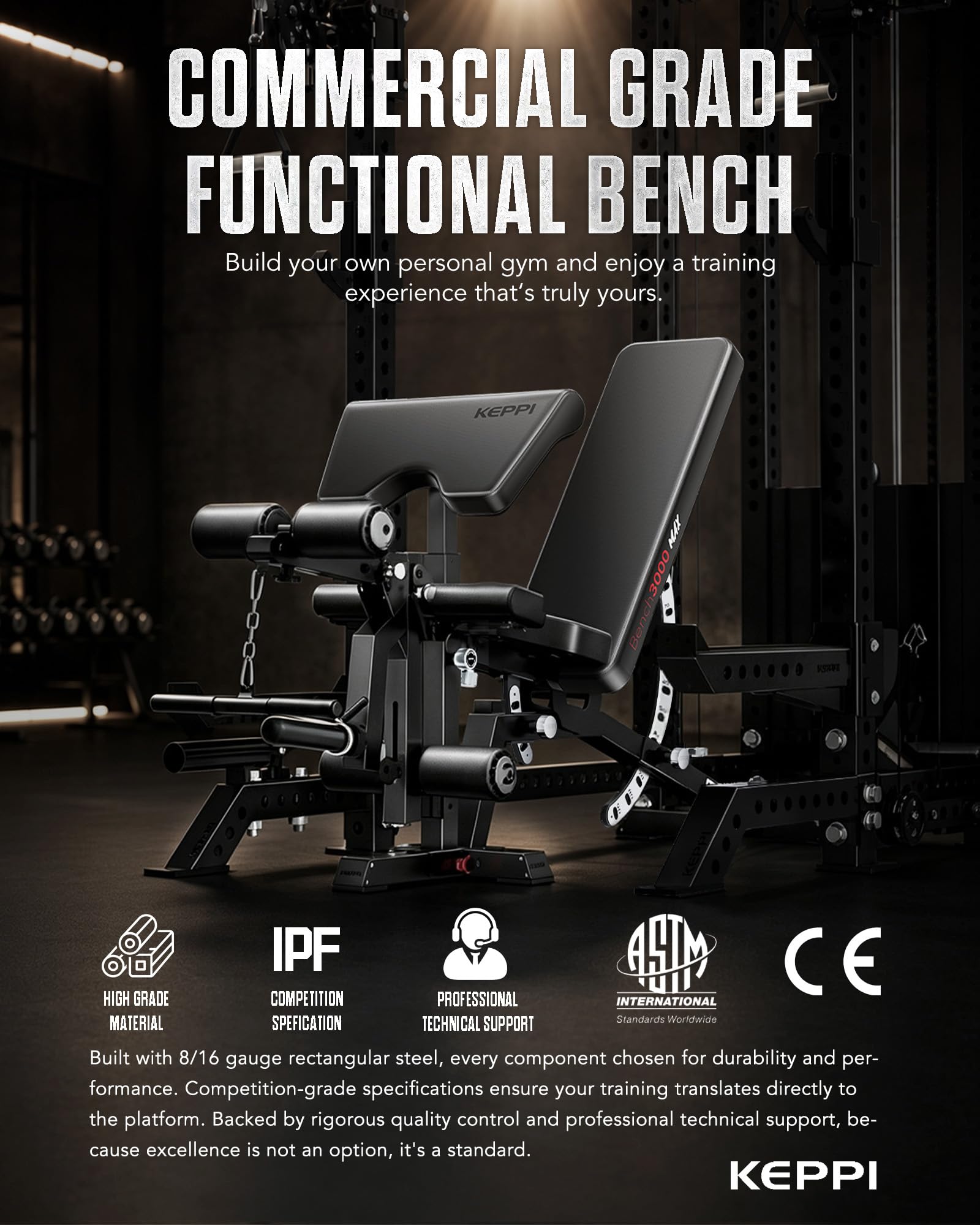 Functional Weight Bench - Bench3000 V2 for Leg Extension/Curl | 93lb Frame Weight with 8 & 16 Gauge Material, Commercial Grade Attachment with Ergonomic Design, 12+3 Multi-Angle