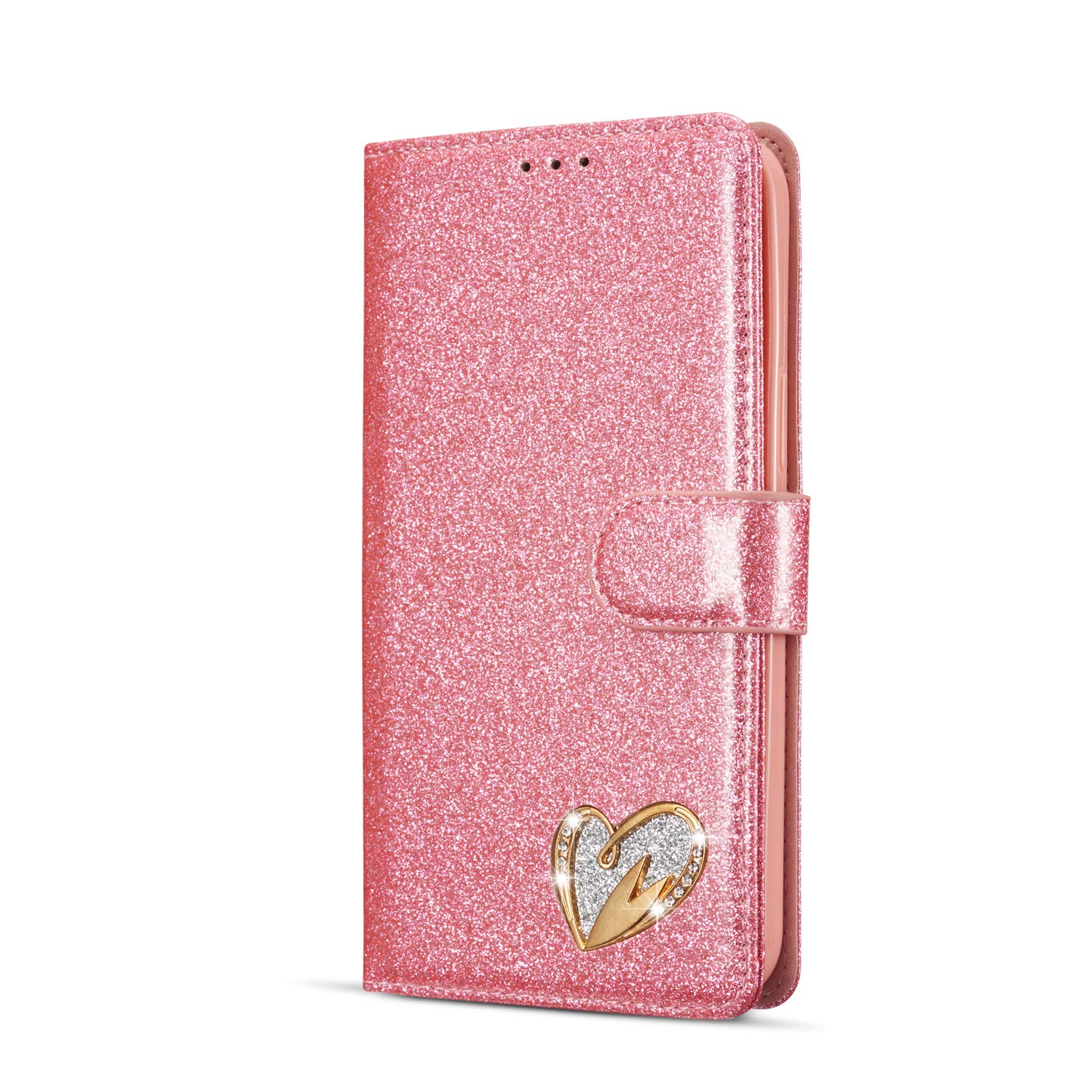 Mo-Somnus iPhone 12 Pro Max Case 6.7 Inch [With Tempered Glass Screen Protector], Bling Glitter Sparkly [Loving Heart Diamond] Design Wallet PU Leather Flip Case Cover (Pink)