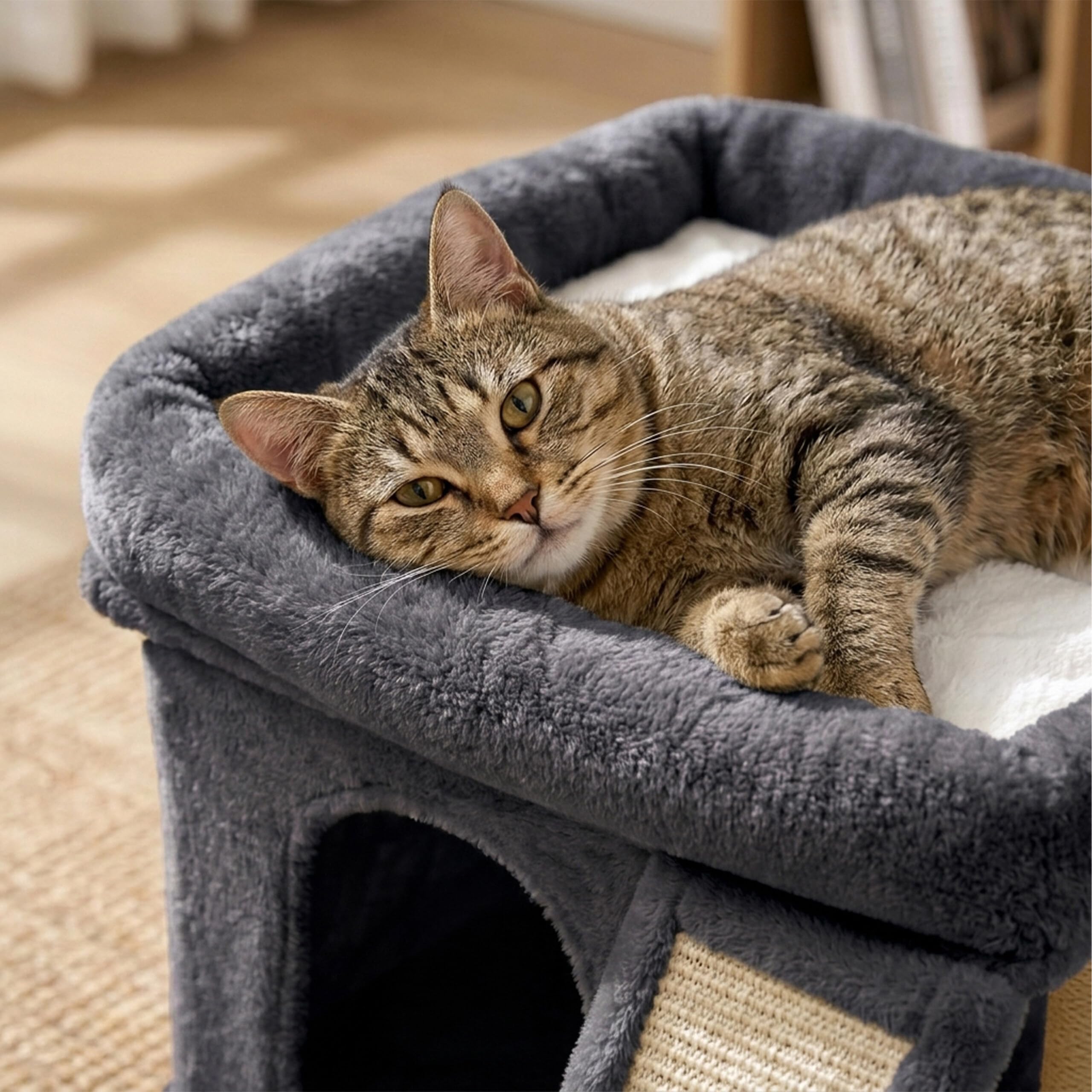Relaxdays Arbre à Chat avec Niche, griffoir et Plate-Forme, Gris foncé | niche moelleuse pour chat, H x l x P : 38,5 x 54 x 45 cm, sisal
