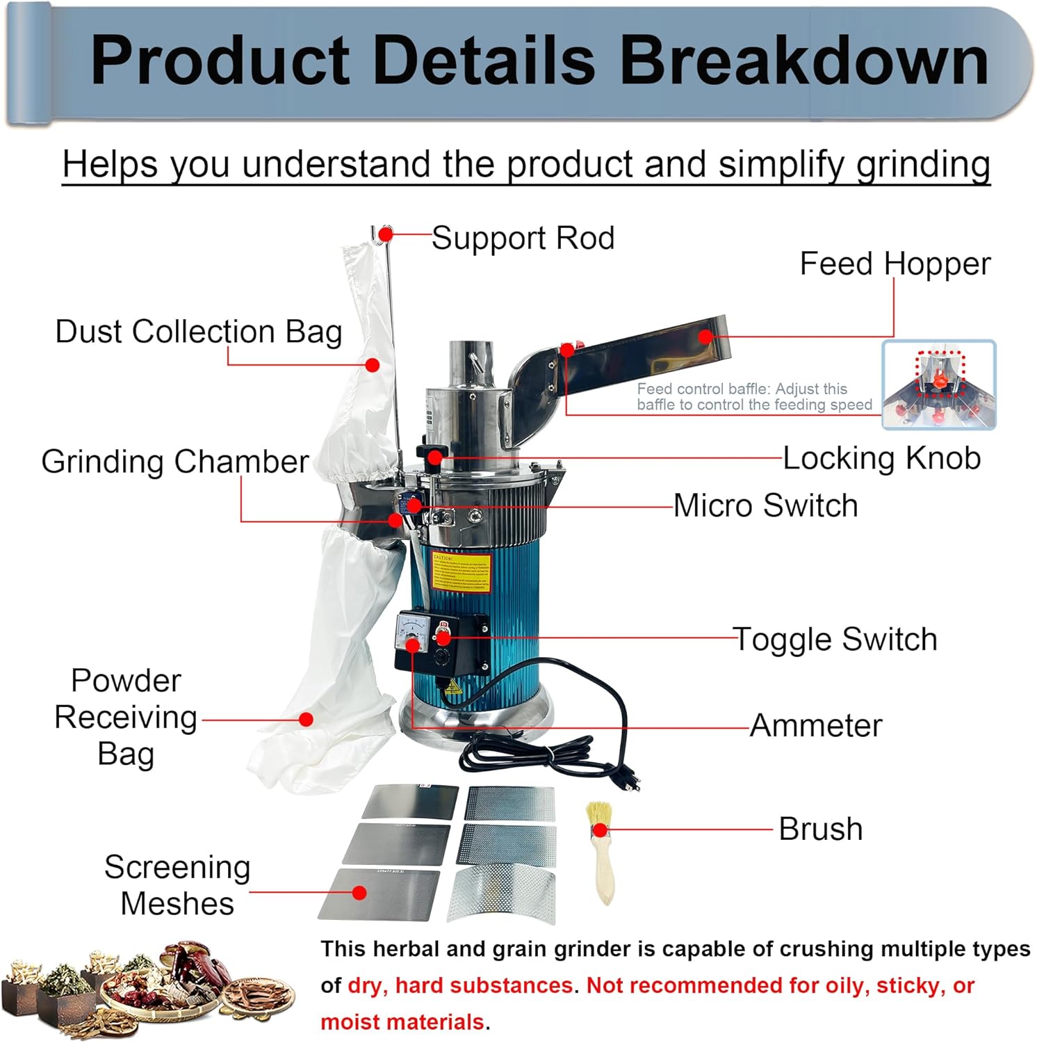 Herb Grain Grinder, Vertical Continuous Feeding Hammer Mill Grinder & Pulverizer with 6 Screen Meshes, 60-180 Mesh Fineness, 1-20kg/h, 110V 1.5KW Pulverizer for Grain Spice Herbs Seasoning