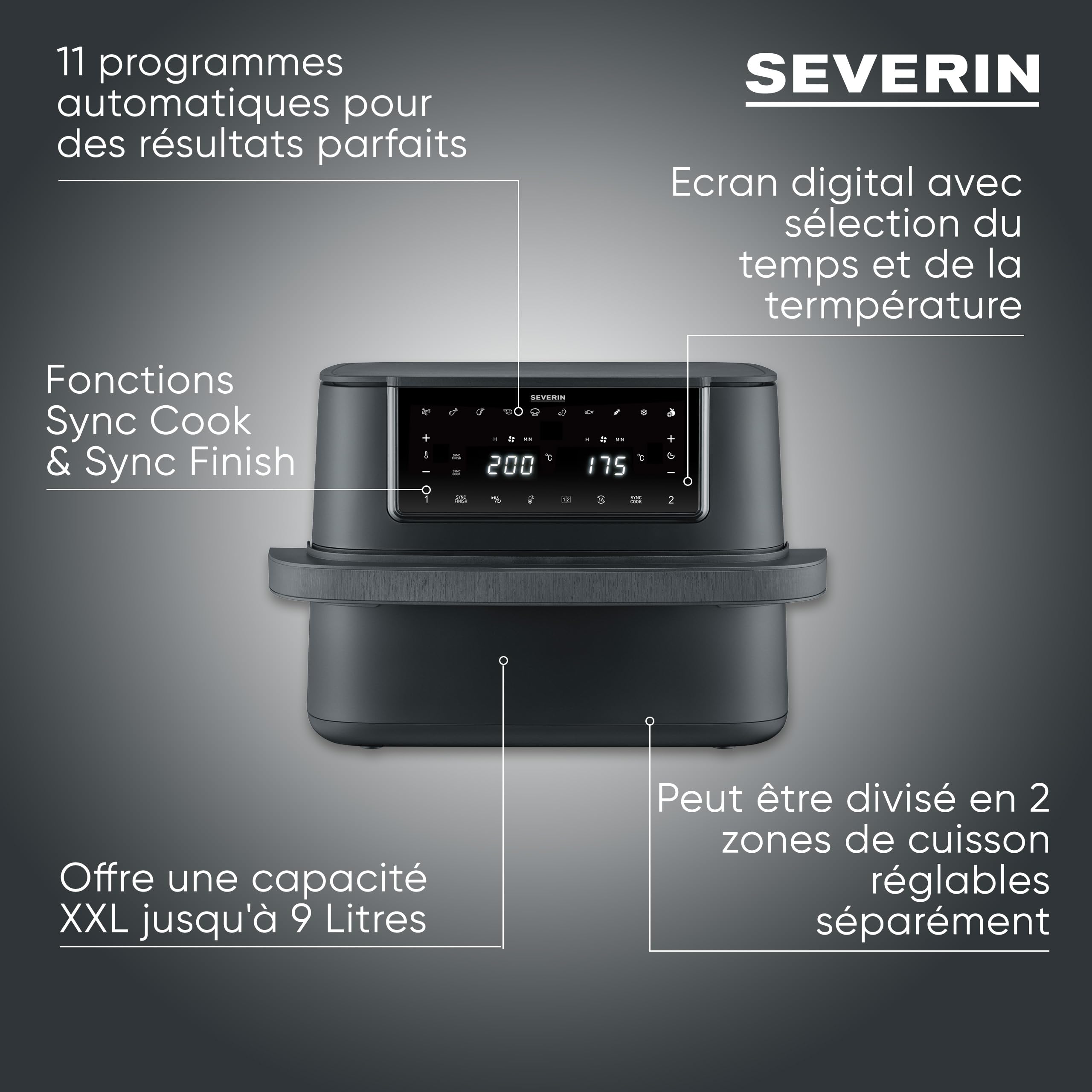 SEVERIN Friteuse à air chaud « Max Zone Flex », Friteuse sans huile avec technologie à air chaud, Air fryer à panier modulable de 9 L, Multicuiseur avec 10 programmes, Noir, FR 9599