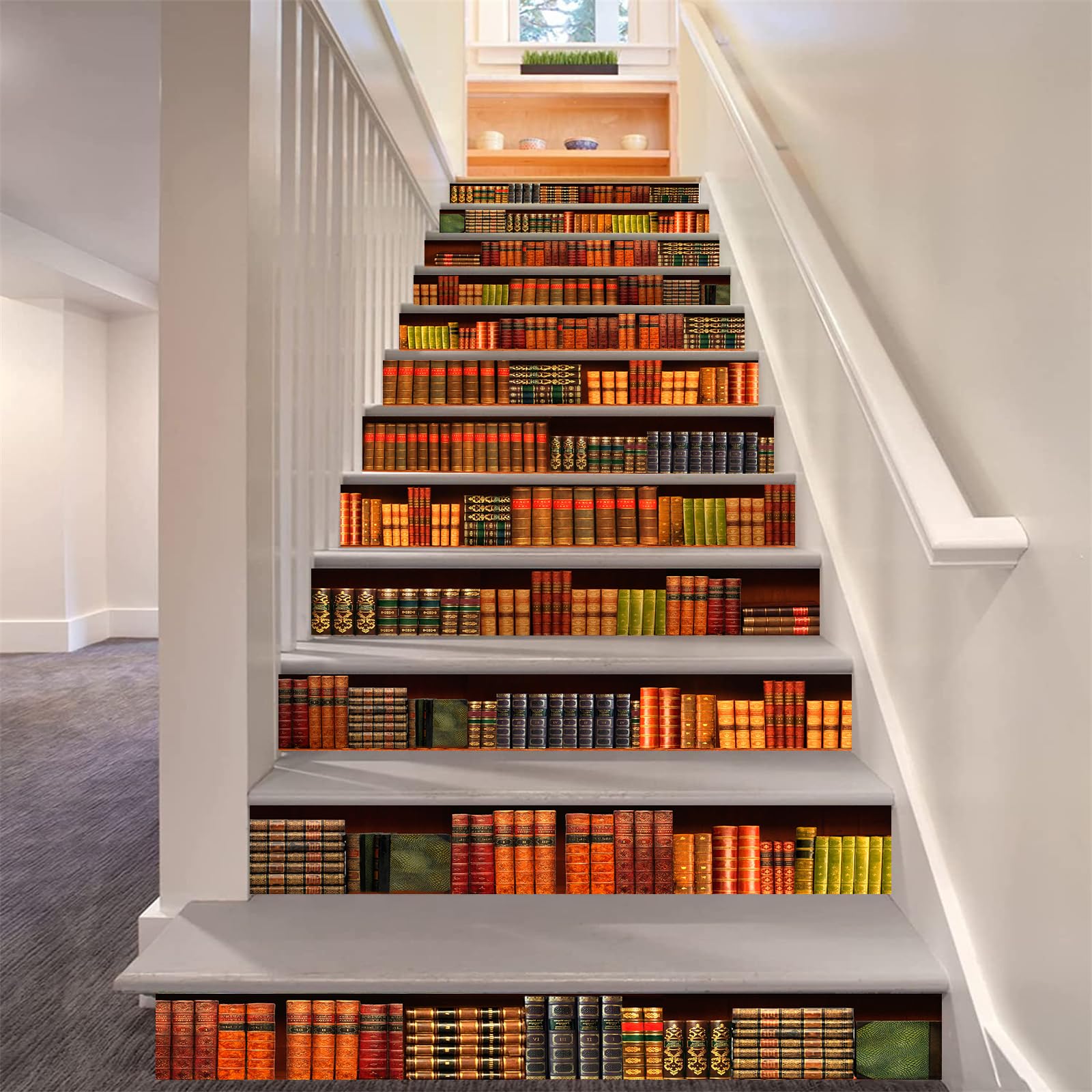 FLFK 15Pcs Stair Stickers Peel and Stick Vinyl Stair Risers Stickers-3D Retro Bookcase Self-Adhesive Stair Decal- Staircase Stickers for Home Office Decor 39.3"x 7.08"
