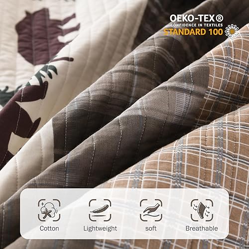 Miniatura 5 de Y-PLWOMEN Juego de edredón ligero de 3 piezas de 100% algodón Cozy Cabin (marrónverde, Queen)