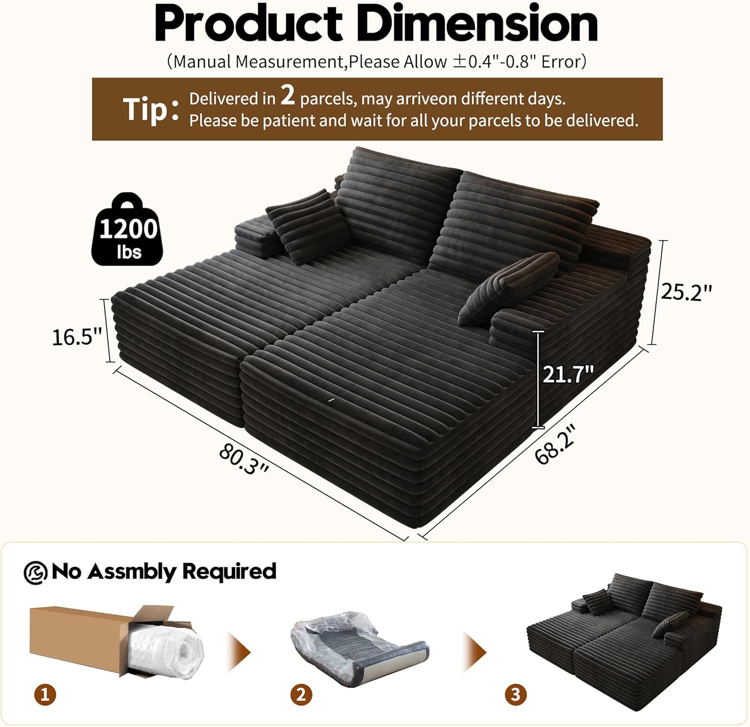 80" Oversized Double Chaise Lounge Chair, Plush Upholstered Sectional Sofa Bed, Deep Seat Sleeper Couch with Pillows, Modern Memory Foam Loveseat for Living Room ，Bedroom, No Assembly Required，Black