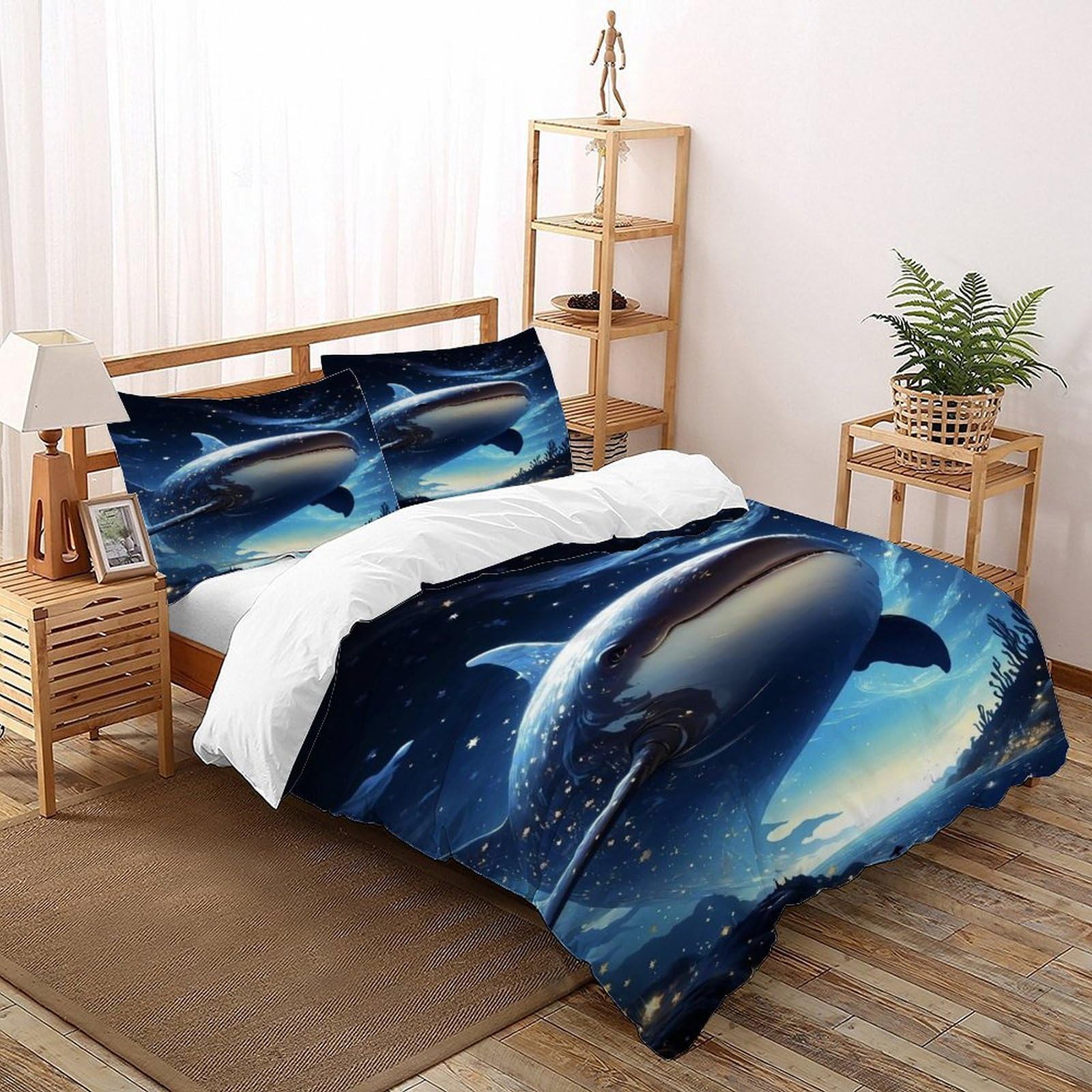 Housse de couette Super King baleine ciel étoilé 260x220cm avec 2 taies d'oreiller pour adulte