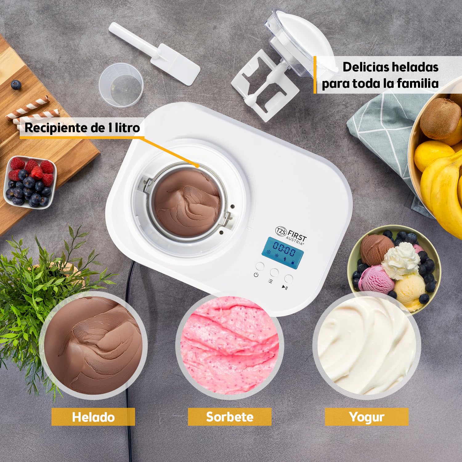 TZS First Austria Maquina Heladera y yogur | 1 L | Yogur helado, sorbete y helado | Incluye vaso medidor y espátula | blanco