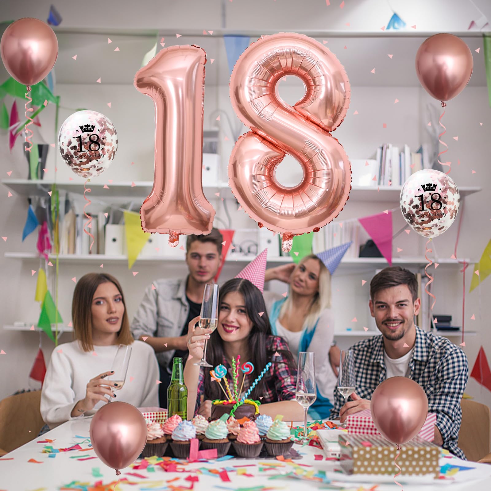 Dekoracje na 18 urodziny dla dziewczynek, balony na 18 urodziny z folią 102 cm cyfra 18 balonów różowe złoto urodziny nadruk balony konfetti metaliczne lateksowe balony zestaw na 18 dekoracji