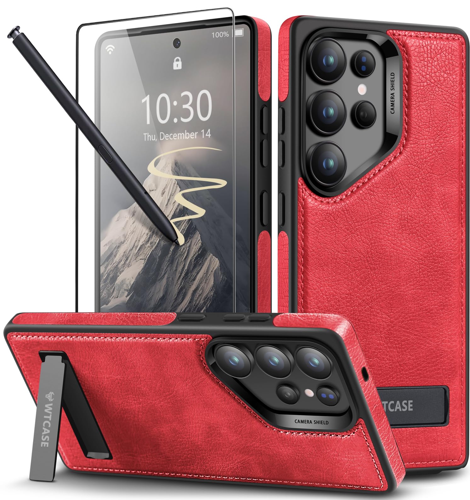 WTCASE Strong Magnetic for Samsung Galaxy S25 Ultra Case Leather,[Compatible with MagSafe], Slim Adjustable Kickstand Phone Case for Samsung S25 Ultra (Red)