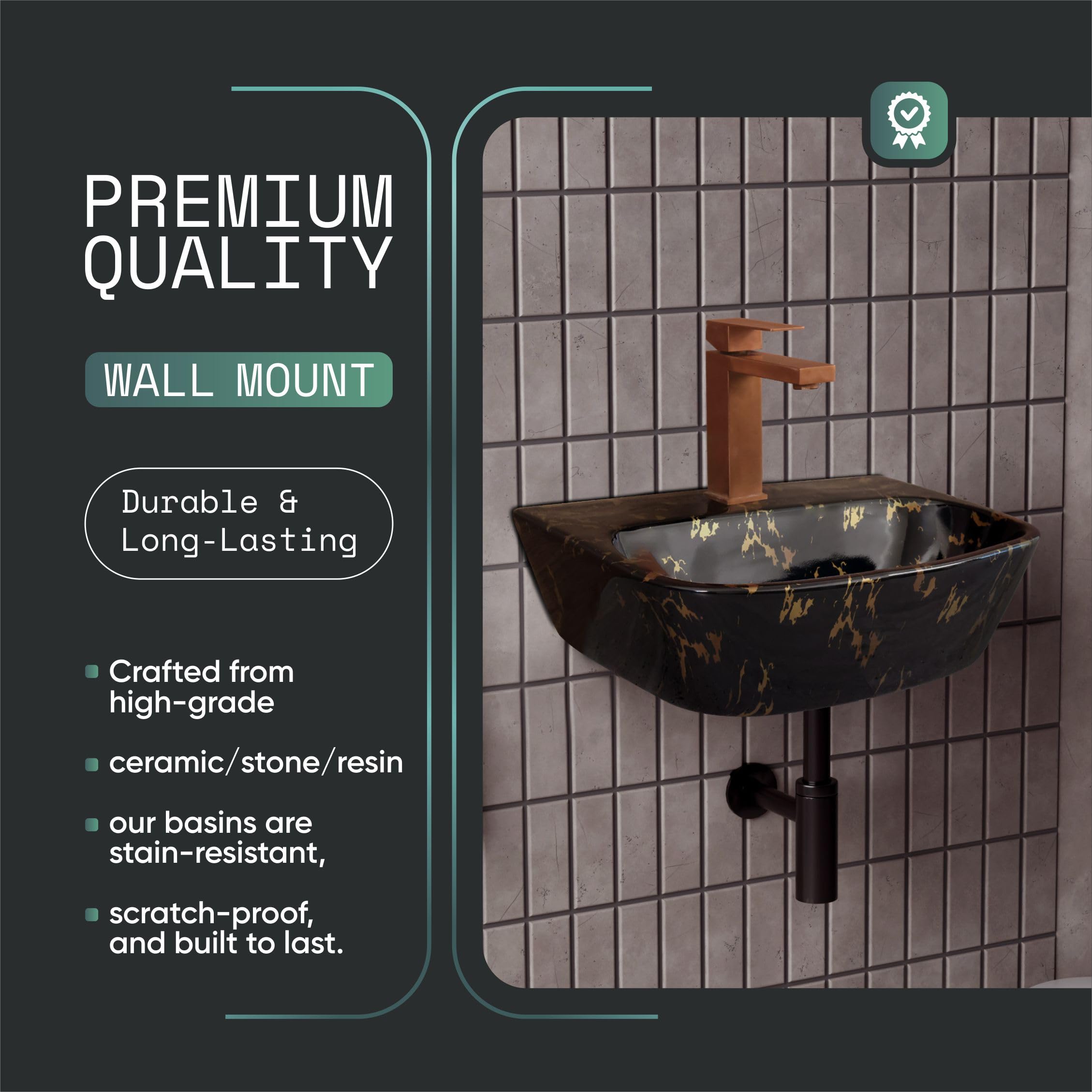 HISRE Wall Mount Wash Basin 17 x 12 x 5 Inch | Black Brown Marble Finish Ceramic Sink | Modern Rectangular Bathroom Basin for Home, Office, and Hotels, photo 5 of 5