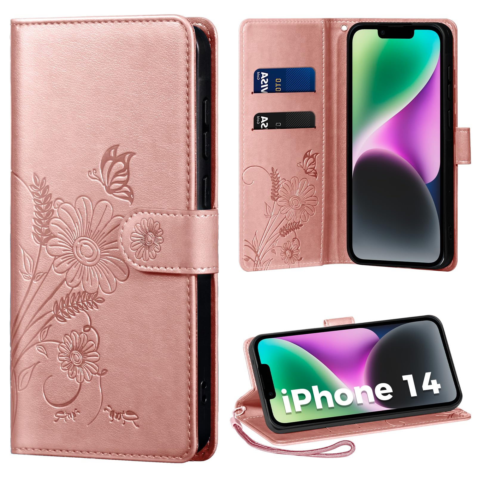 Thorhülle Handyhülle für iPhone 14 Hülle, Schutzhülle für iPhone 14 PU Lederhülle Tasche Flip Case Kartensteckplätzen Klapphülle Kompatibel mit iPhone 14 Hülle, Rosa